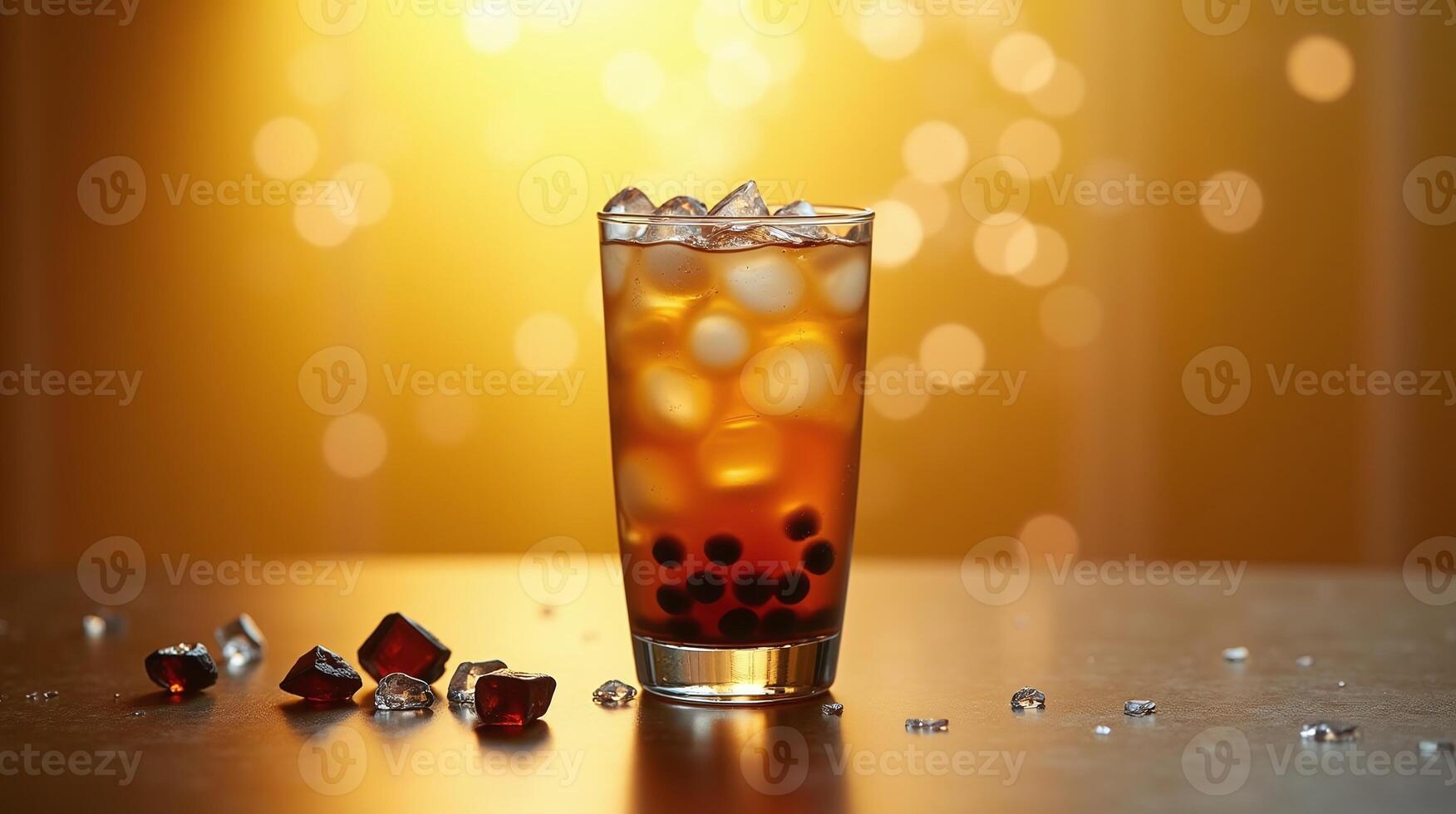 A tall, refreshing glass of iced tea with milk, garnished with boba pearls, and surrounded by scattered ice cubes. photo