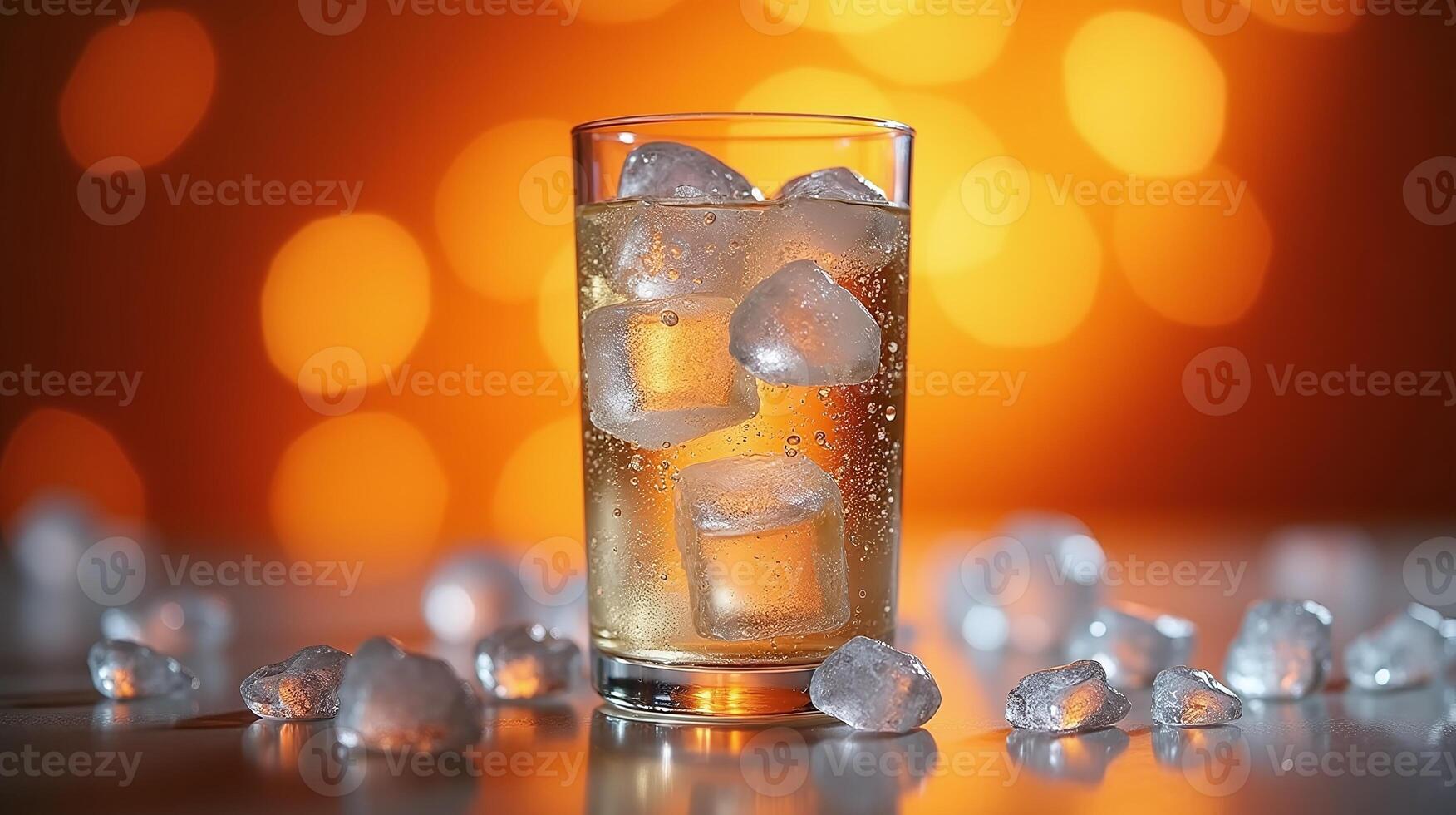 A glass filled with a refreshing beverage and ice, against a backdrop of warm, glowing lights. photo