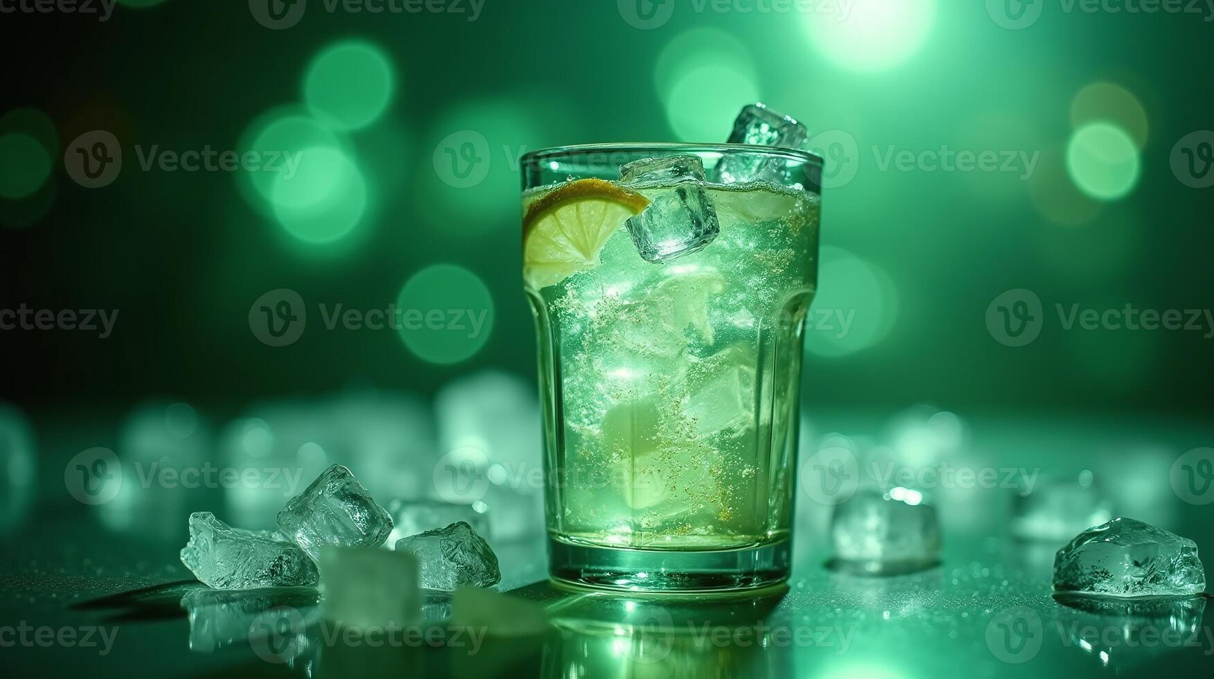 A refreshing beverage with ice and lemonade in a glass. photo
