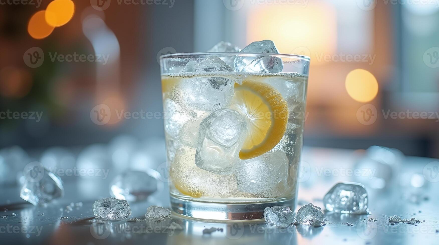 Clear glass filled with ice, lemon slice, and bubble liquid on a table. photo