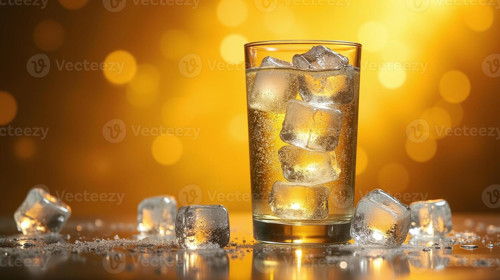 Chilled beverage with ice cubes against a warm, bokeh background. photo