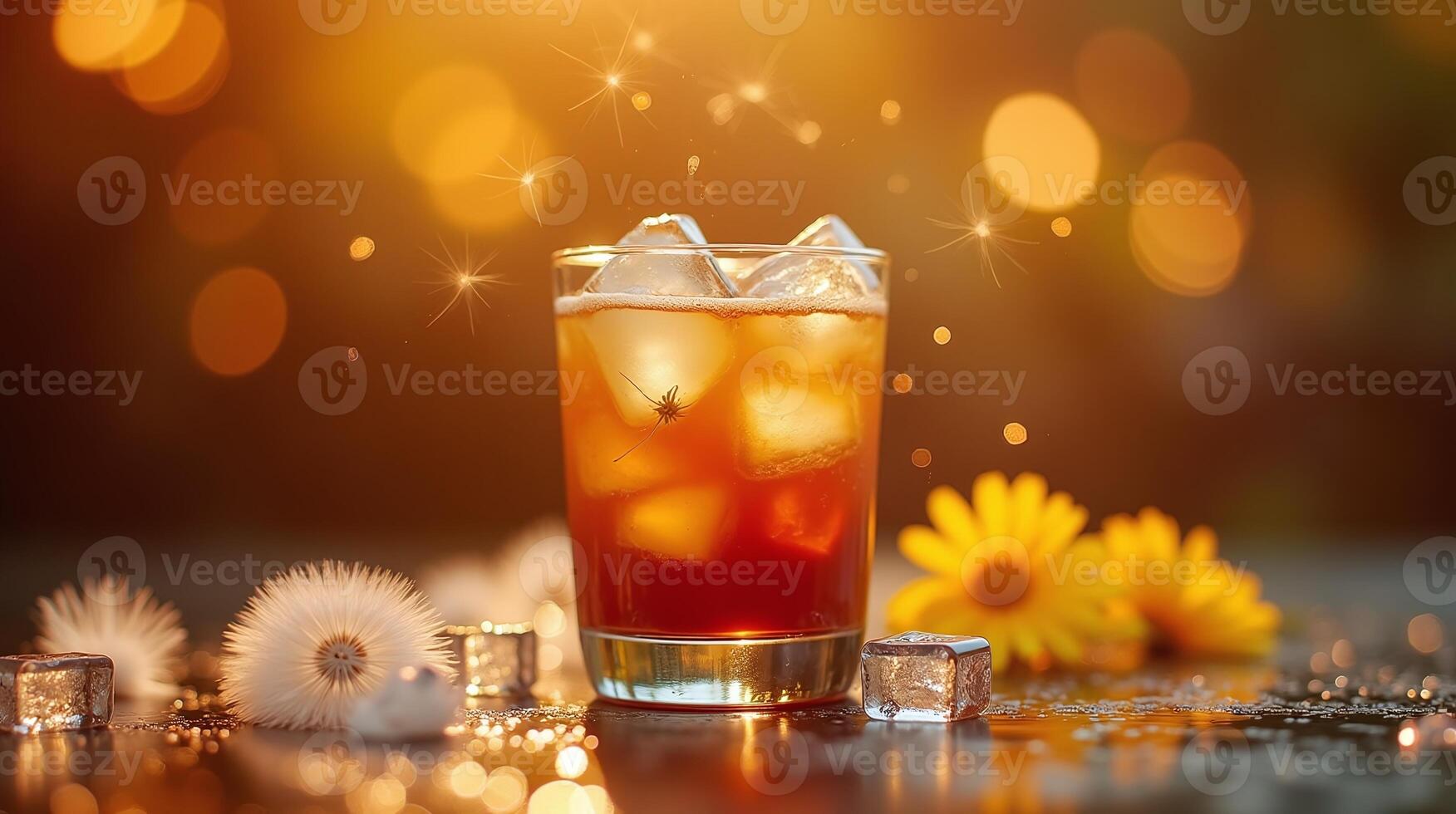 Illuminated by golden light, a drink glass adorned with ice cubes rests amidst majestic yellow flowers. photo