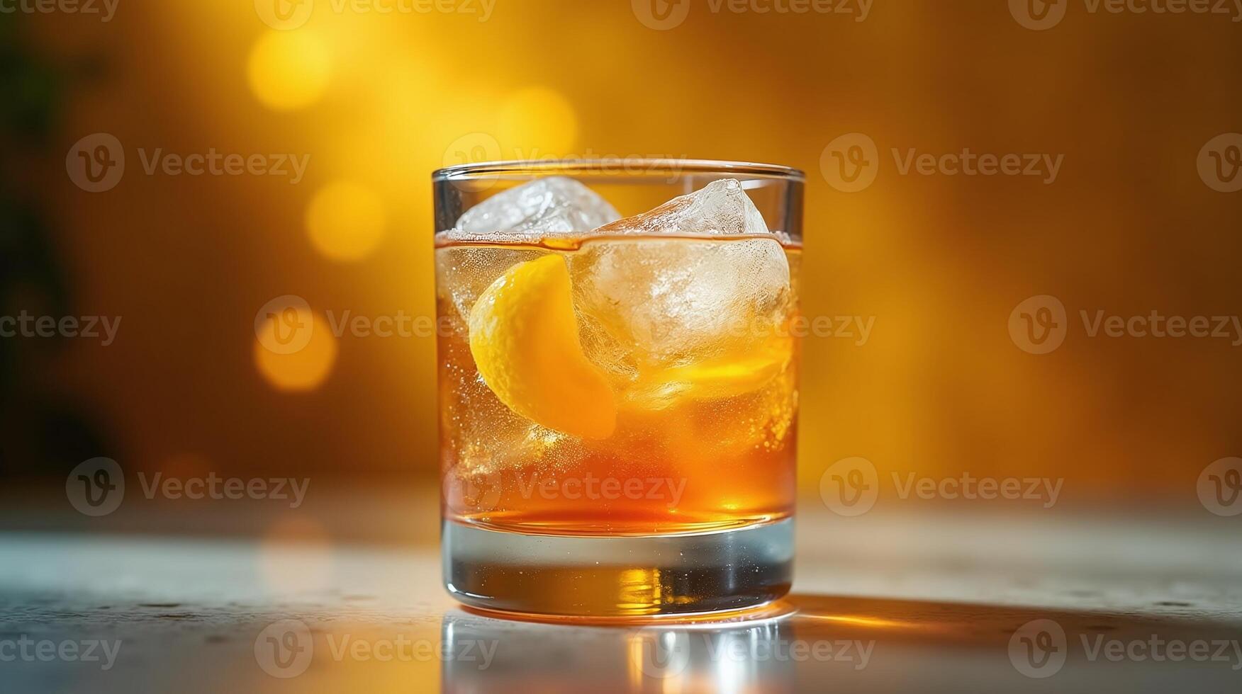 A glass of refreshing beverage with ice and a slice of lemon. photo