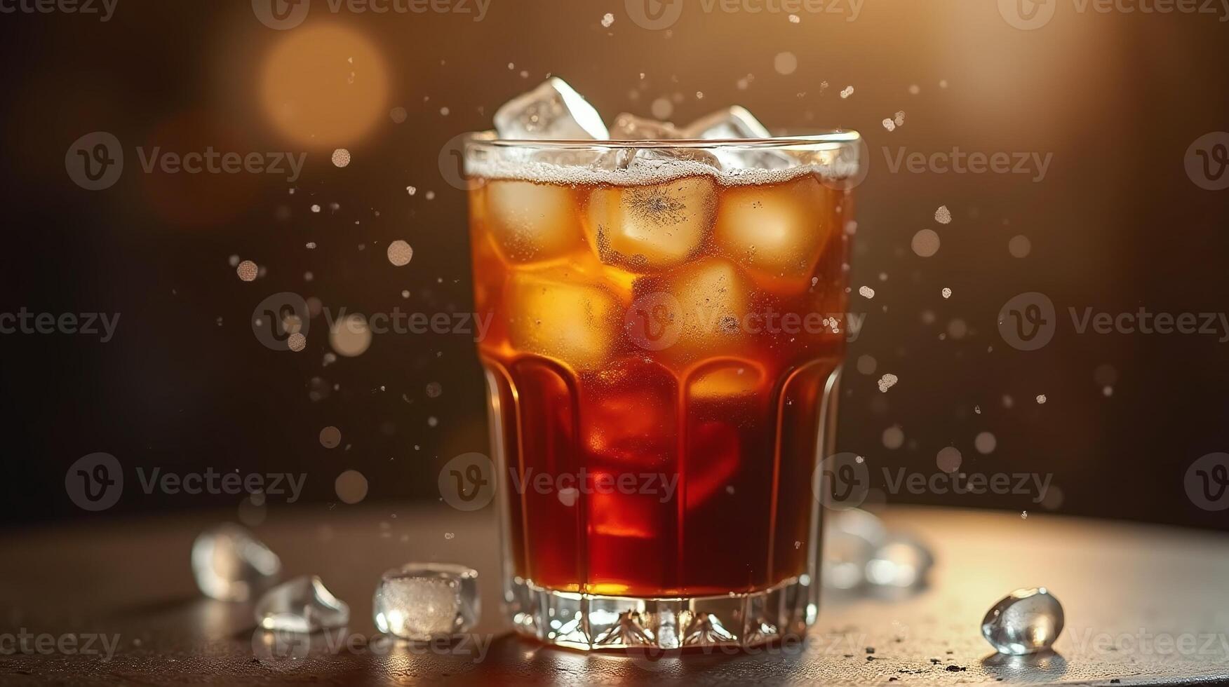 A glass of iced beverage with ice cubes and bubbles. photo