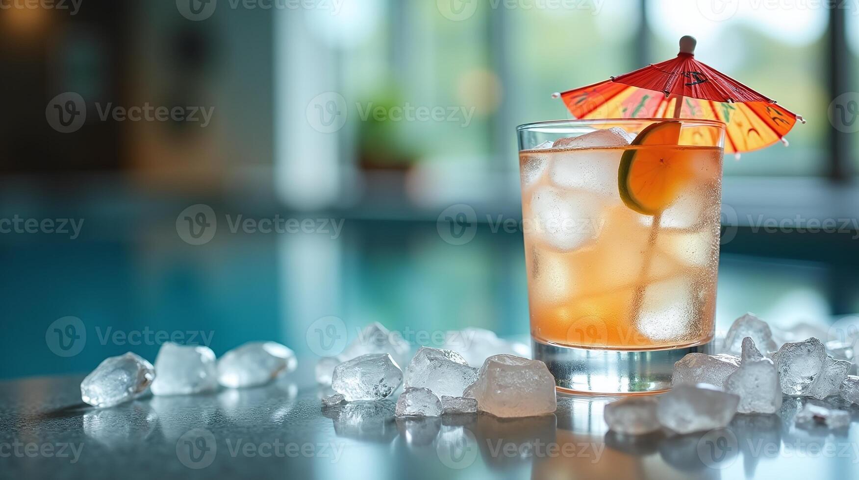 A refreshing cocktail with ice and a lemon slice, accompanied by a miniature umbrella. photo