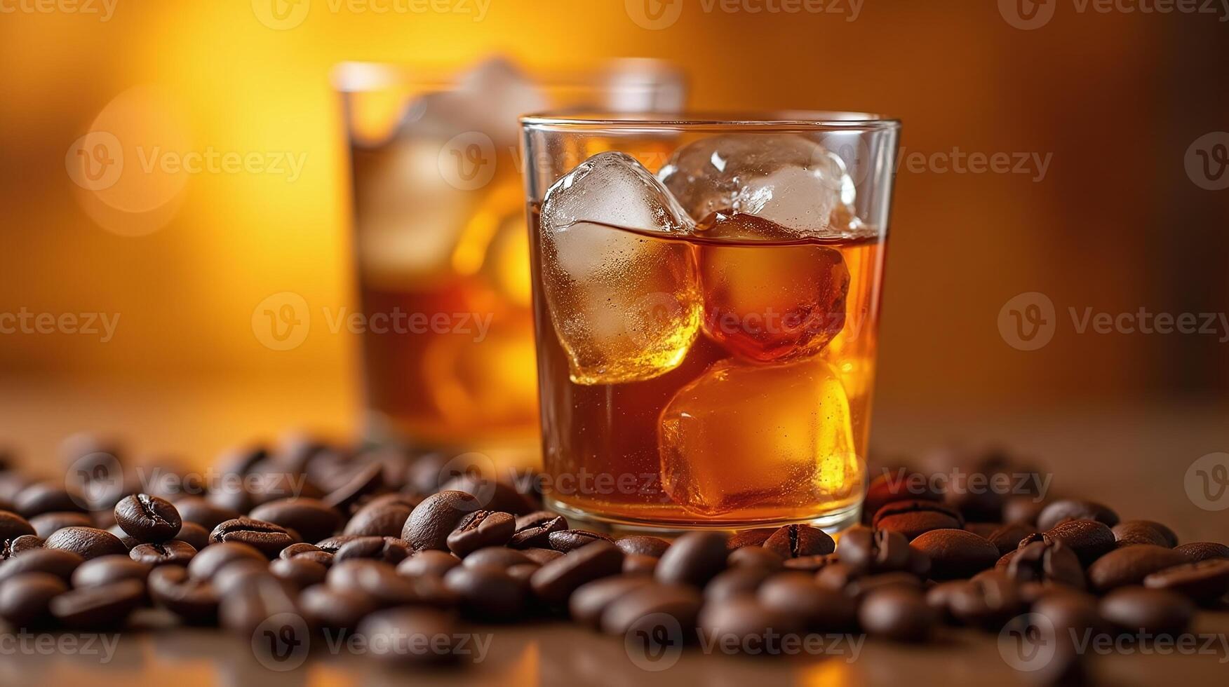 Two glasses filled with amber-colored liquid, adorned with ice cubes amidst a bed of coffee beans, set against a soft, warm background. photo