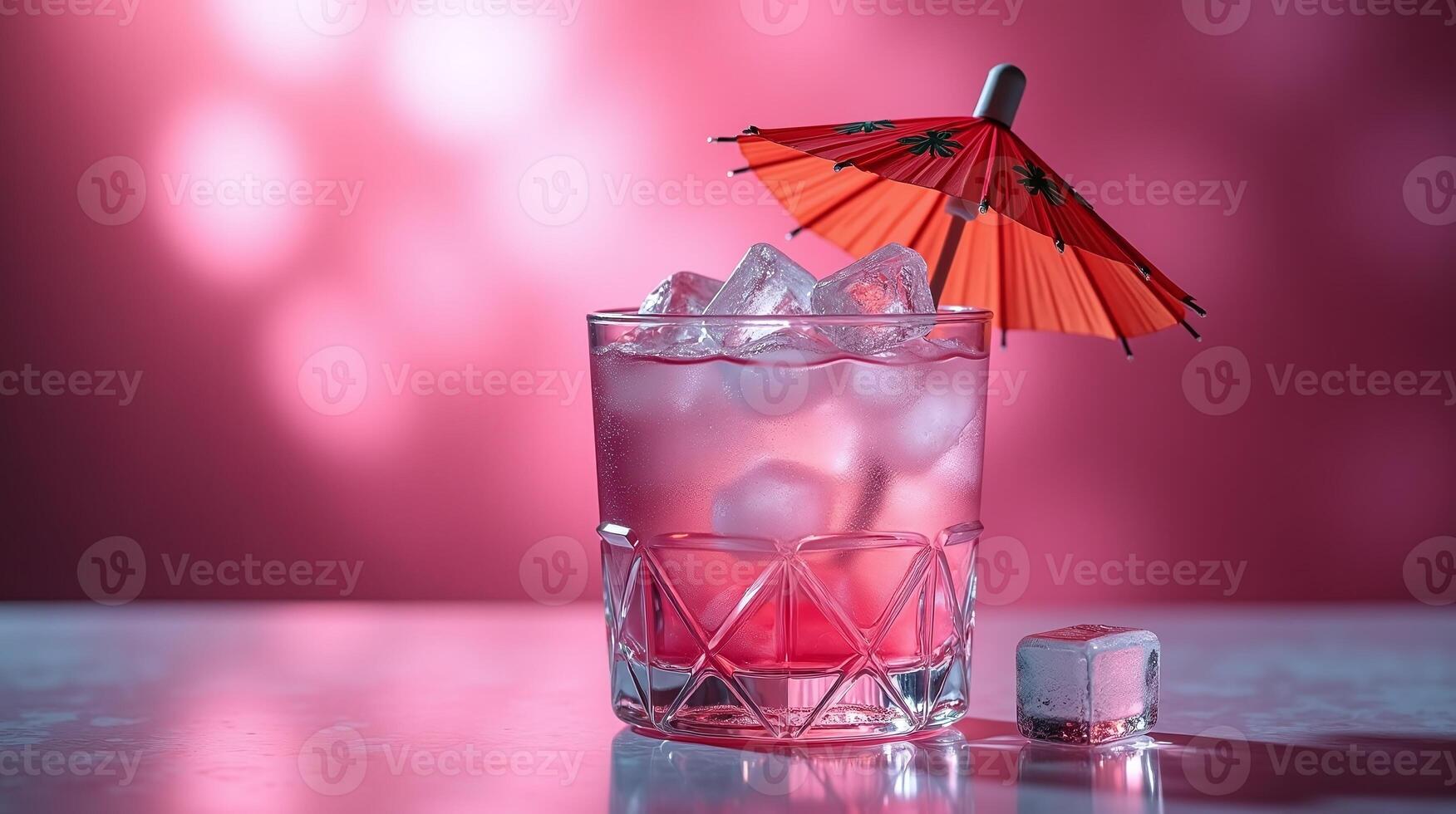 An elegant beverage with ice cubes and an ornate umbrella. photo