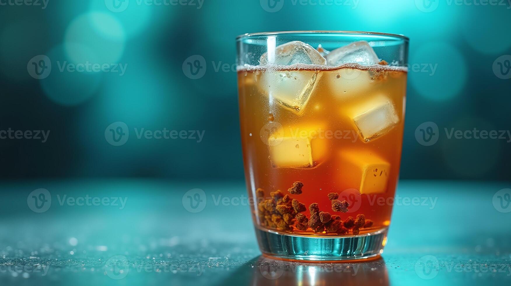 Clear glass filled with amber liquid and ice against a bokeh backdrop. photo