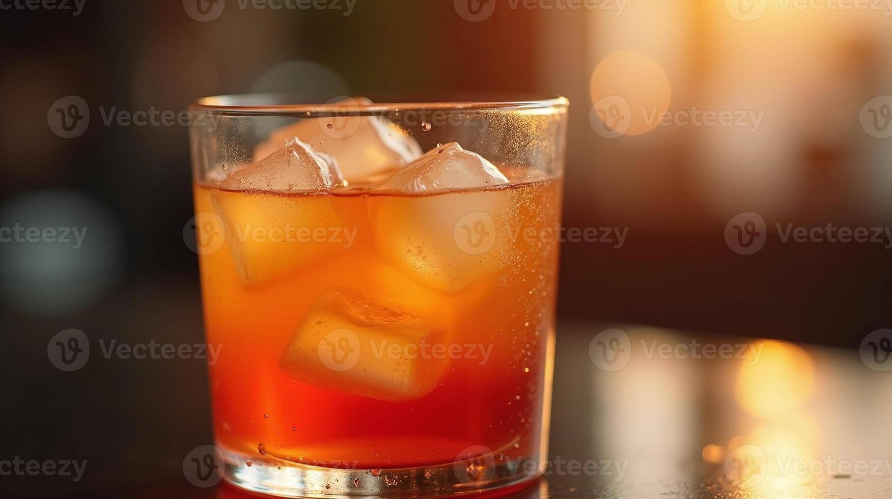 A glass of amber-colored beverage with ice cubes, set against a softly blurred background. photo