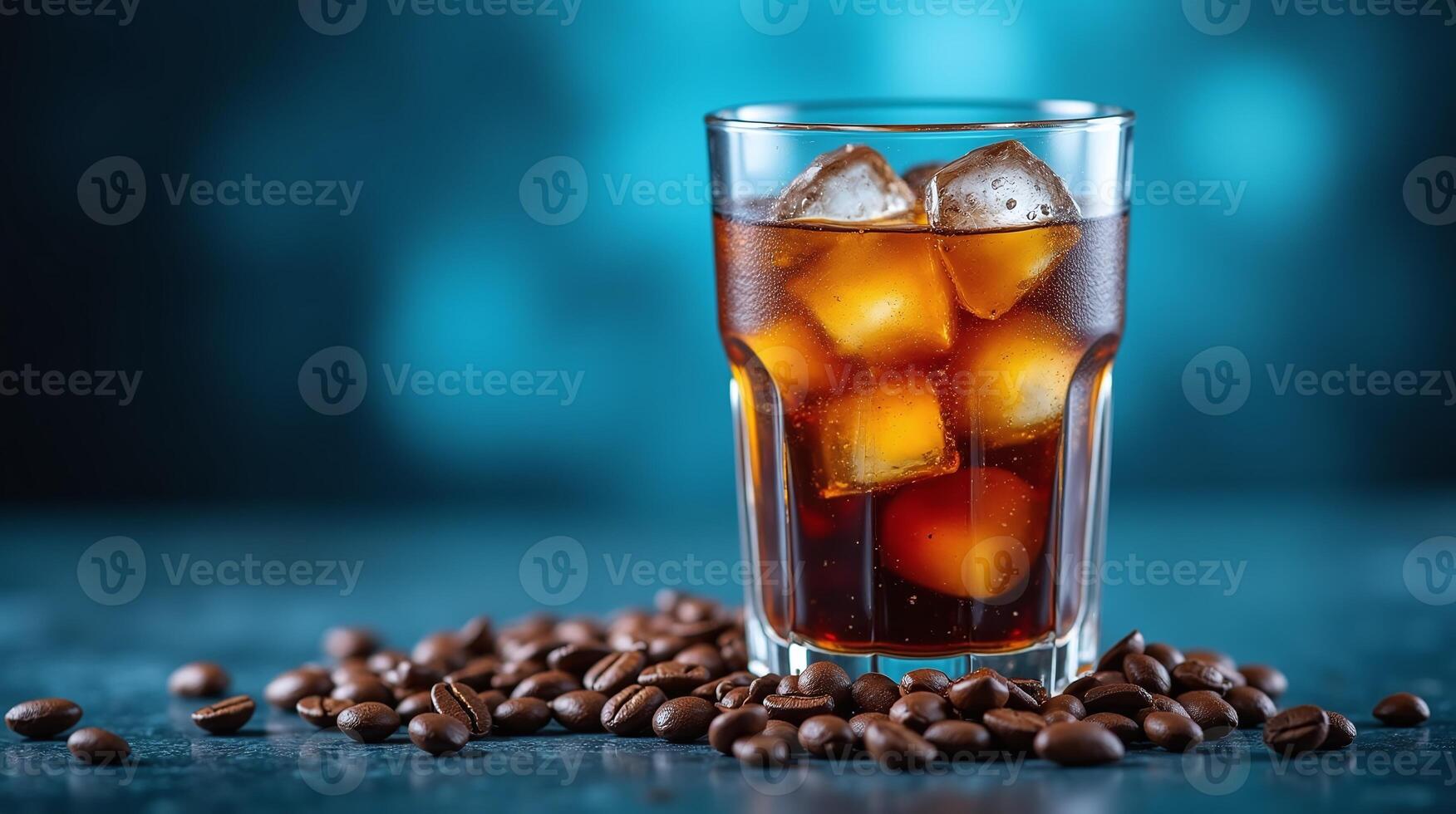 A glass filled with refreshing iced coffee with ice cubes on a blue background. photo