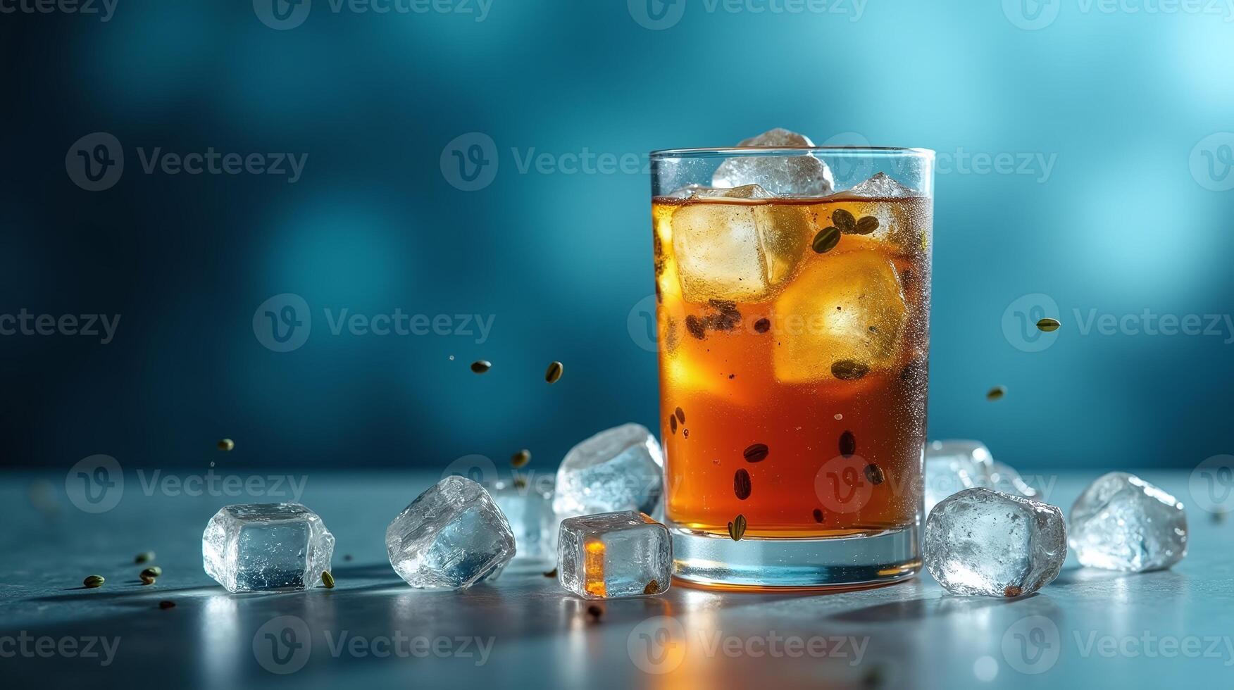 A glass of amber-colored liquid, ice chunks, and green seeds. photo