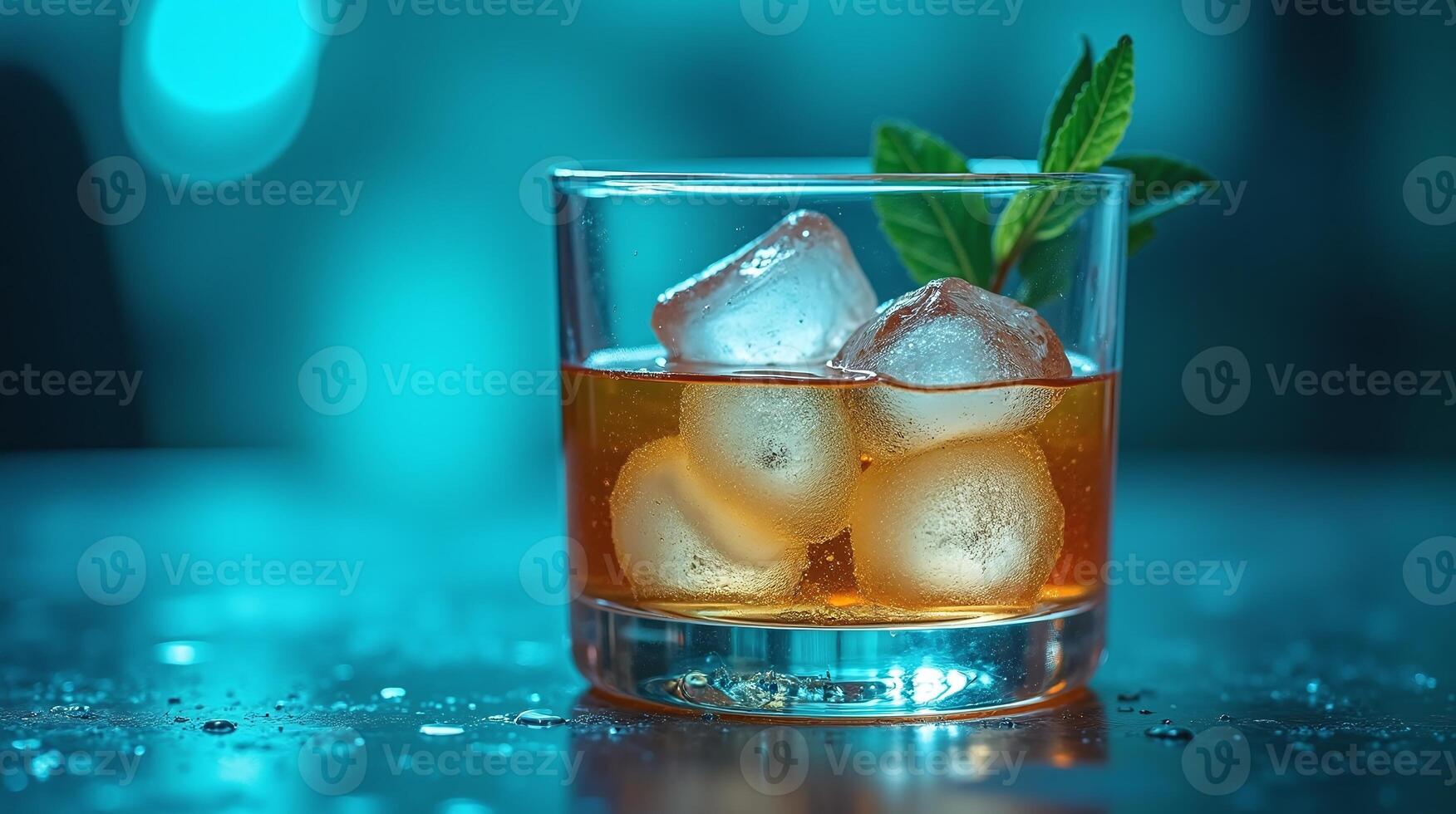 A glass filled with amber liquid, ice cubes, and a mint leaf. photo