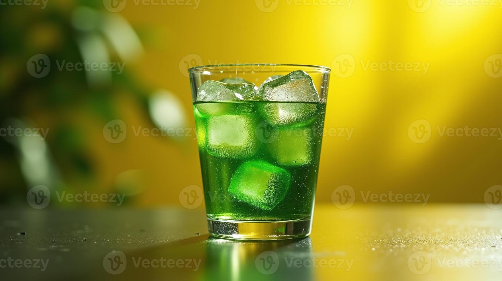 A vibrant green beverage with ice cubes, set against a soft, warm yellow background. photo