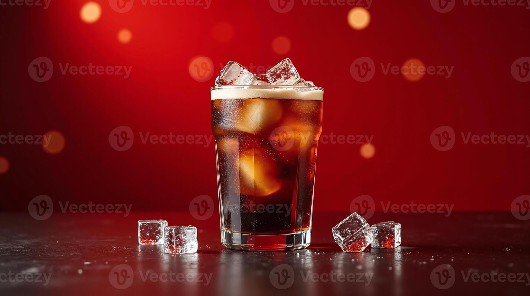 A glass filled with a dark beverage, garnished with ice cubes, presented against a vibrant red background. photo