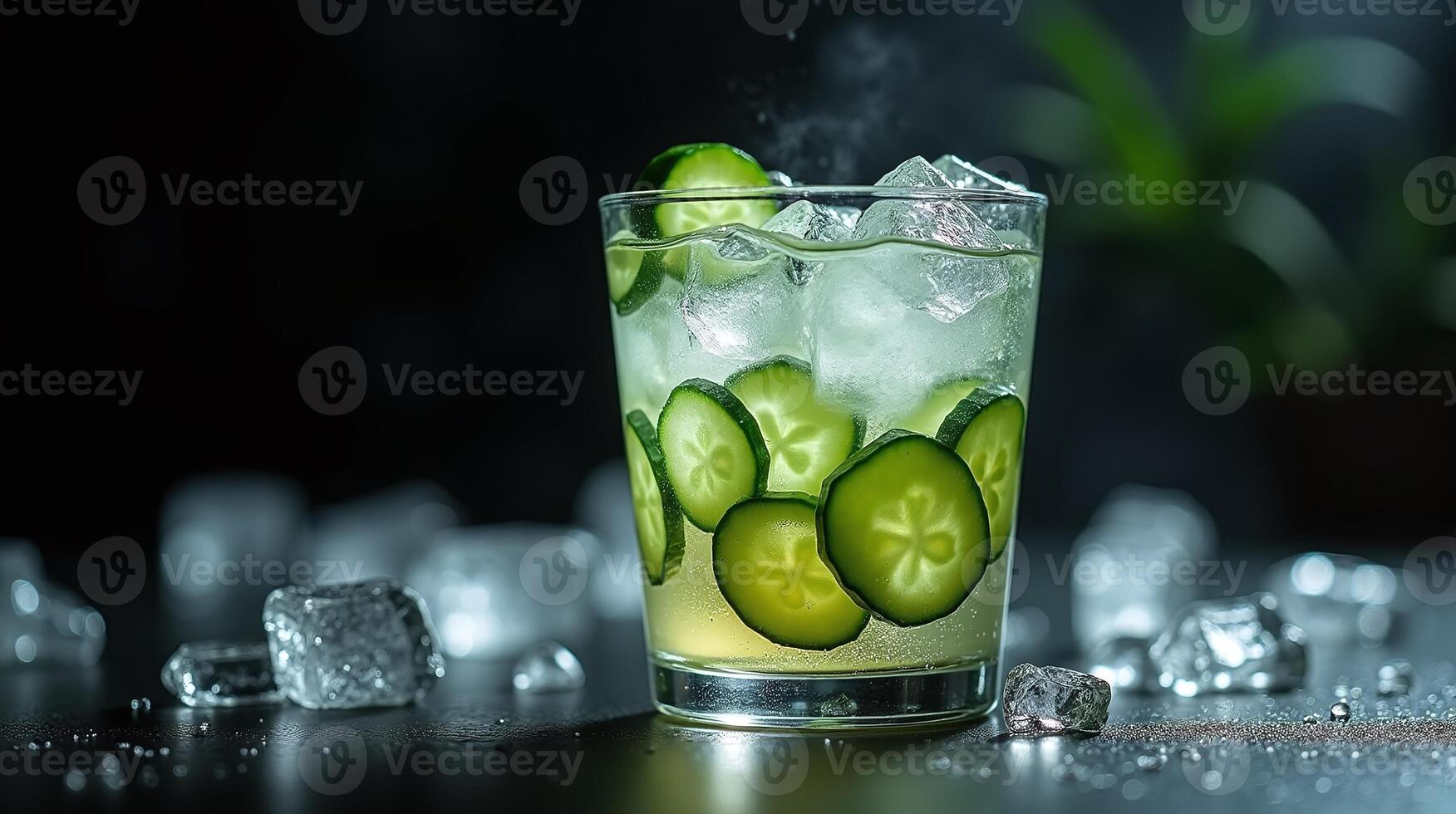 A glass filled with refreshing cucumber water, garnished with cucumber slices and ice cubes. photo