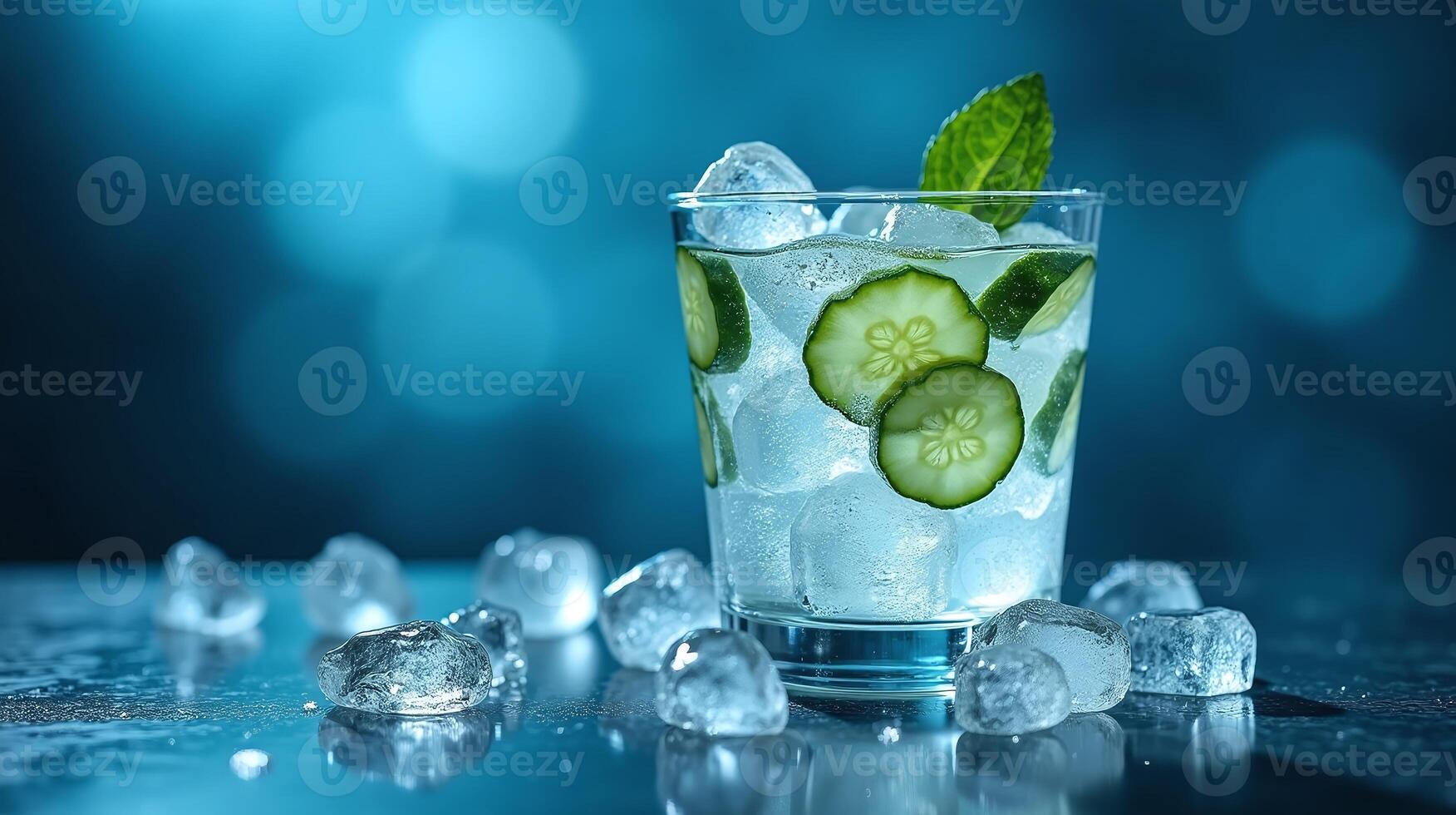 Ice cubes, cucumber slices, mint, and water create a refreshing beverage. photo