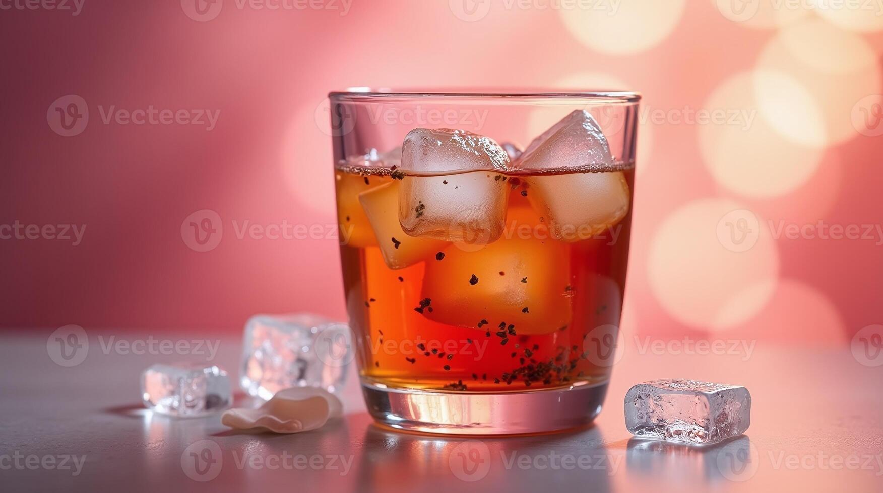 Glass filled with amber beverage, ice cubes, and dark liquid. photo
