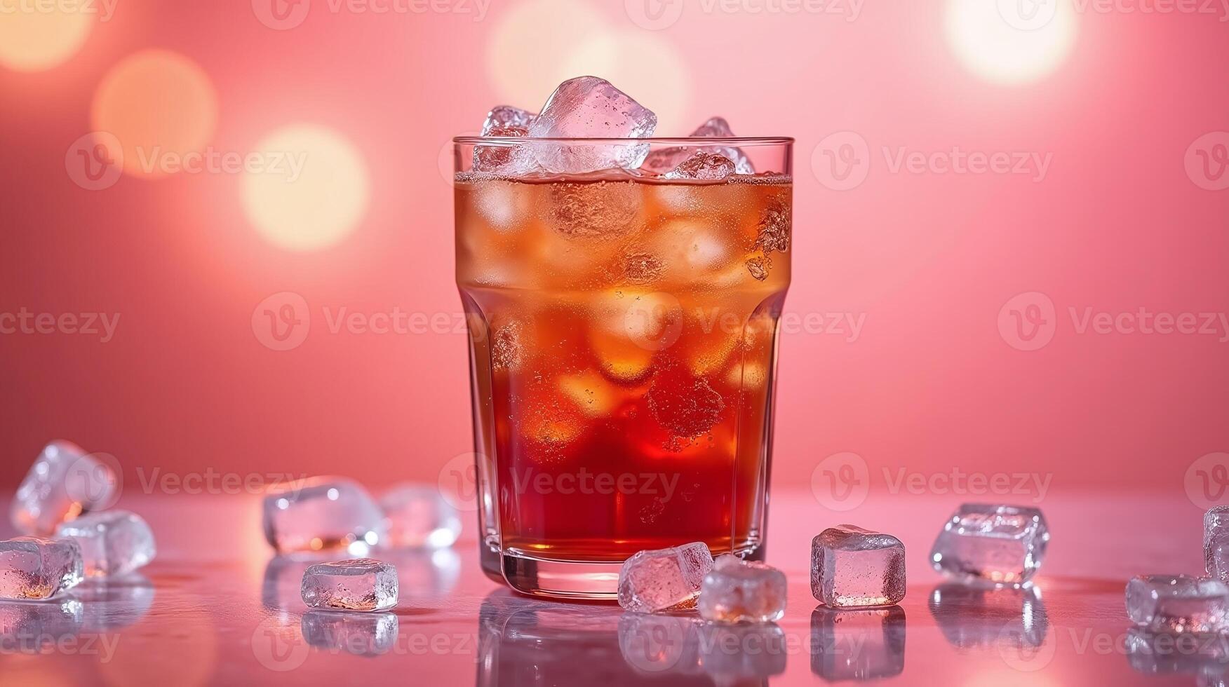 A glass of iced tea with ice cubes on a reflective surface. photo