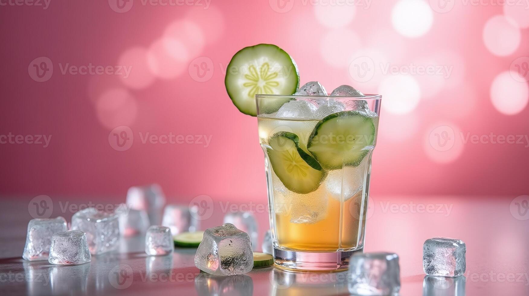 Refreshing cucumber drink with ice cubes on a pink background. photo