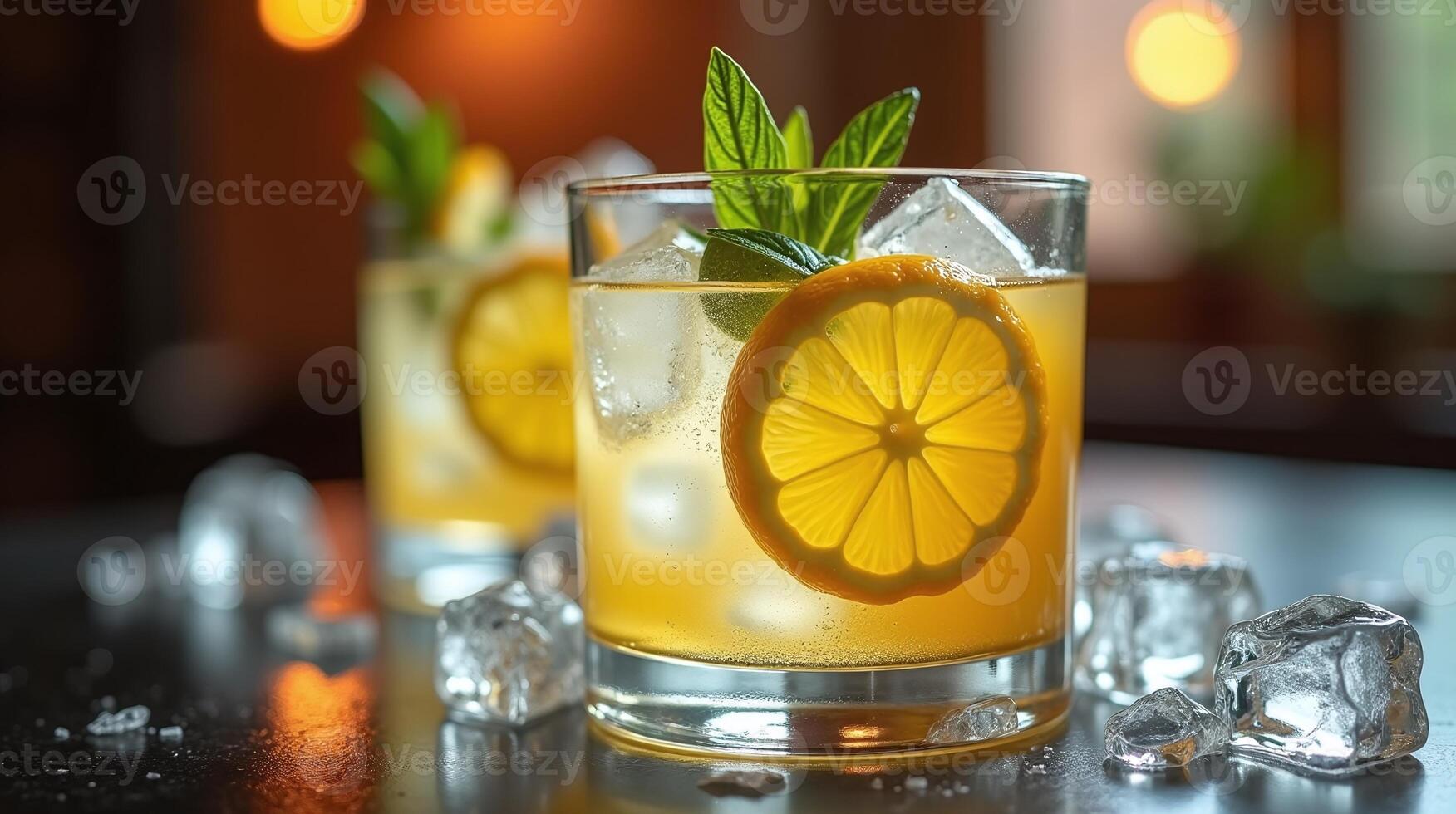 Chilled beverage adorned with a vibrant orange slice, garnished with fresh green leaves, and accompanied by scattered ice cubes. photo
