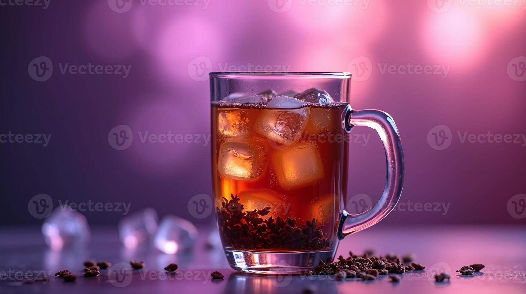 Icy beverage in transparent mug, showcasing assorted botanicals. photo