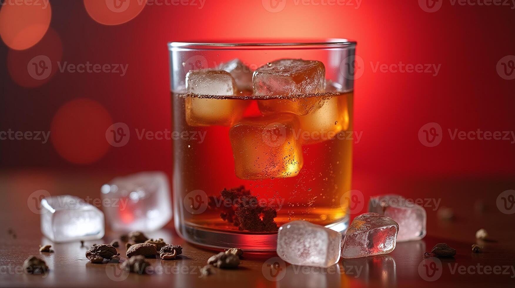 An elegant glass of amber liquid, garnished with ice and spices. photo