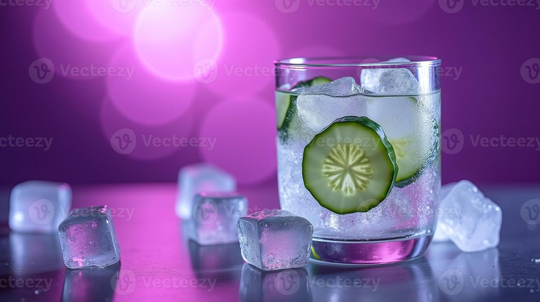 Glass filled with ice and cucumber slices against a blurred background. photo