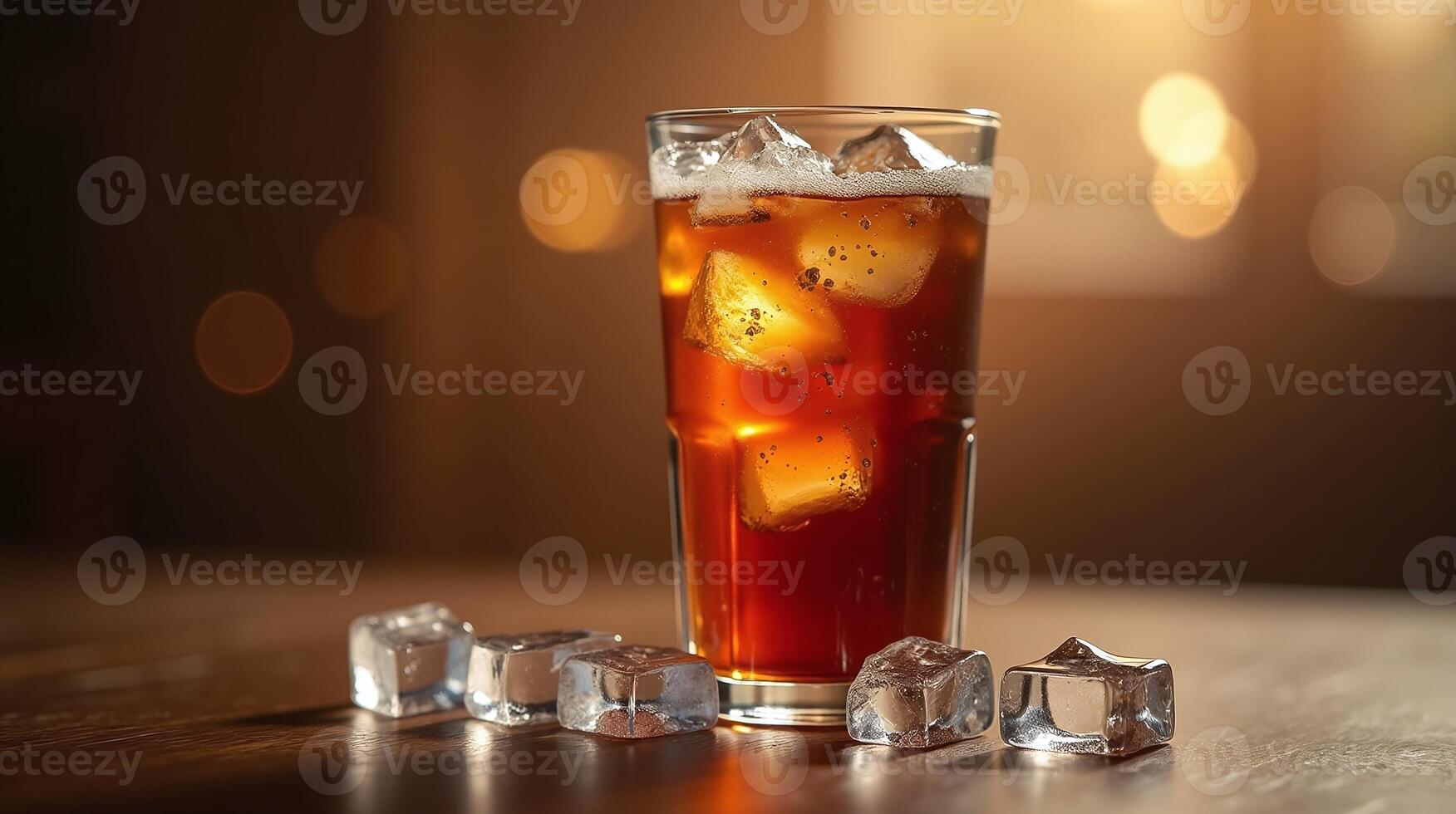 Garnished with ice cubes, a glass holds a refreshing beverage against a softly illuminated background. photo