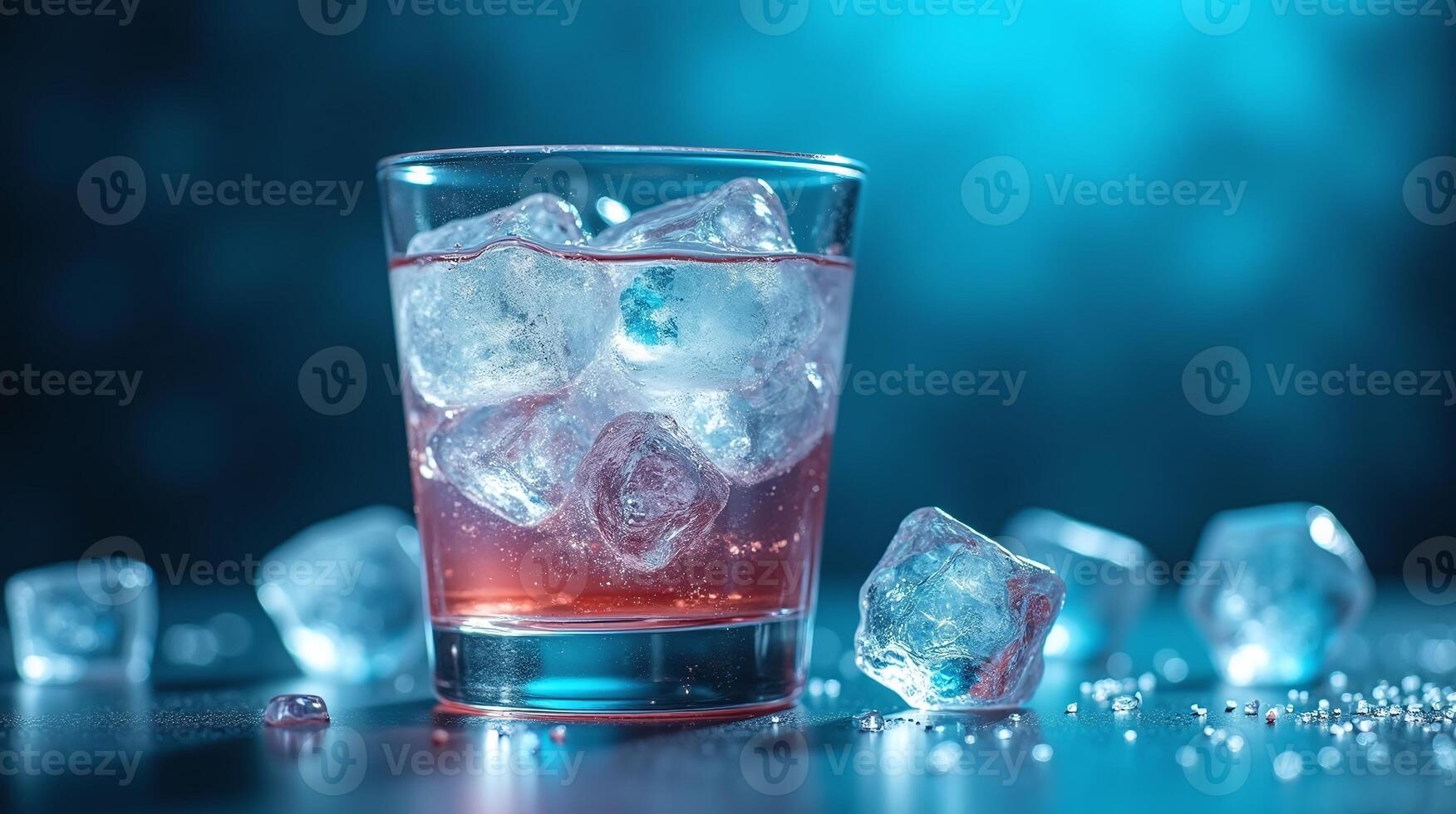 A clear glass filled with ice cubes and a reddish liquid. photo