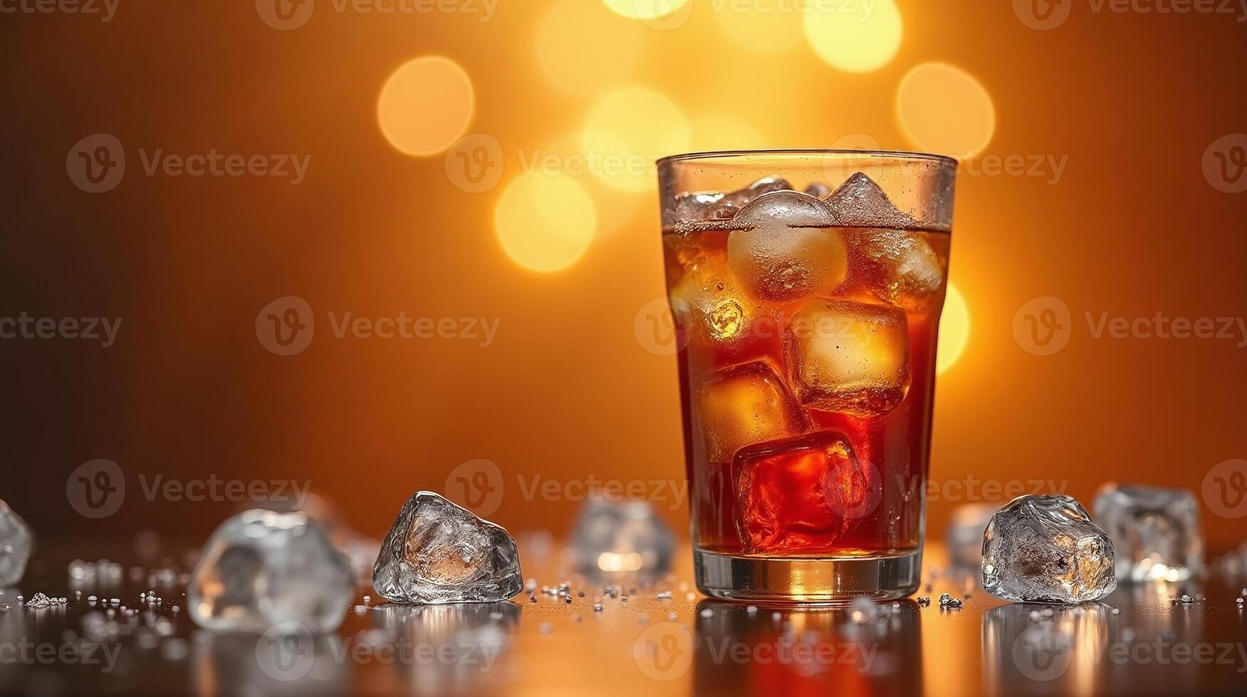A glass filled with ice and a dark liquid, surrounded by scattered ice cubes and a warm, blurred background. photo