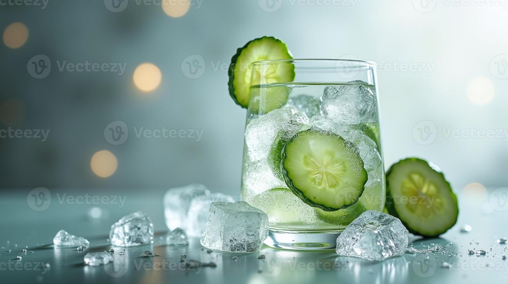Cucumber-infused beverage with ice cubes on a dimly lit surface. photo