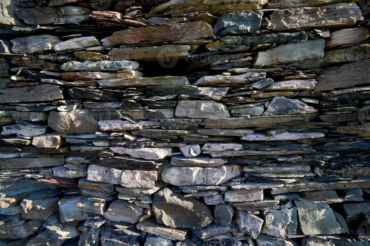 Old stone wall patterned texture or background. Gey stone texture background, close-up panoramic image photo