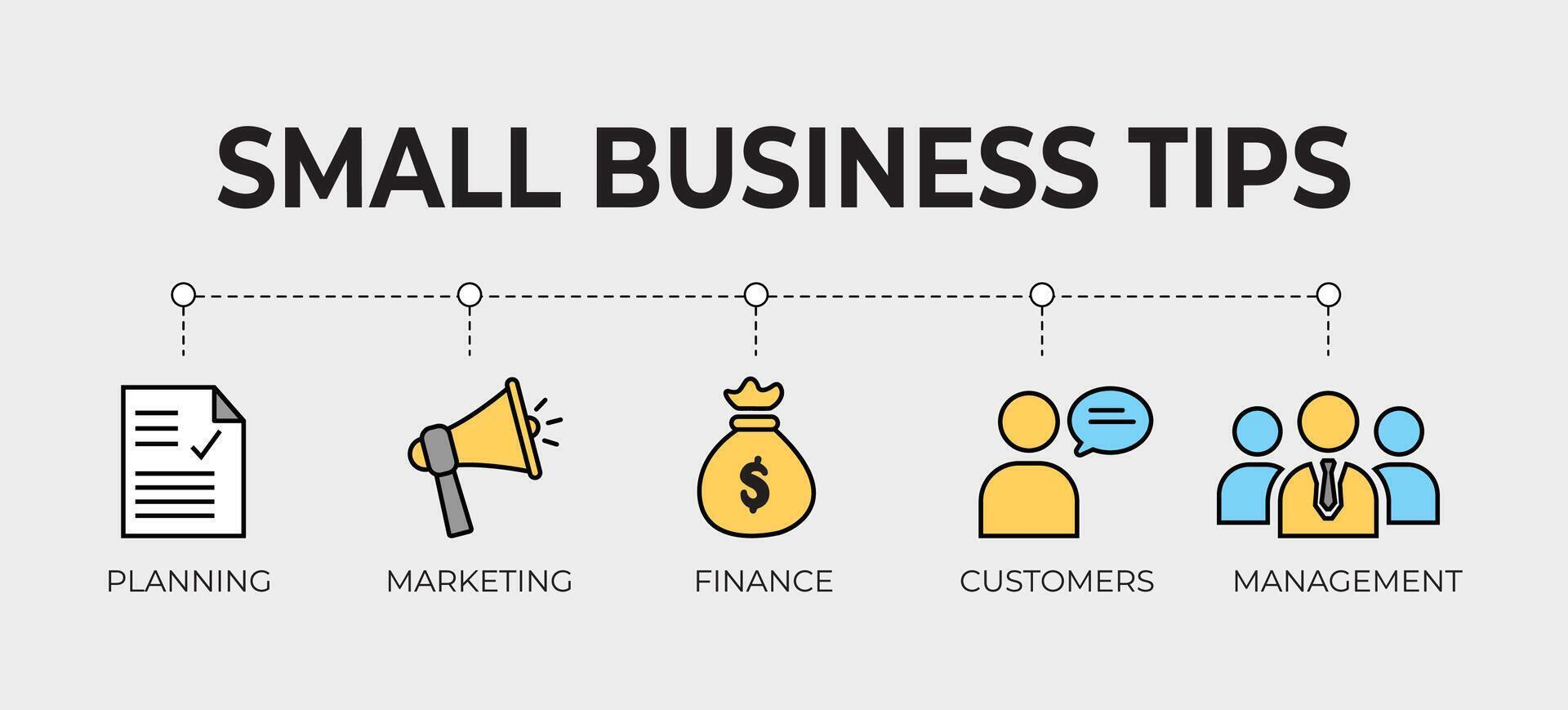 Small Business Tips Infographic, Planning, Marketing, Finance, Customers, Management, Illustration vector