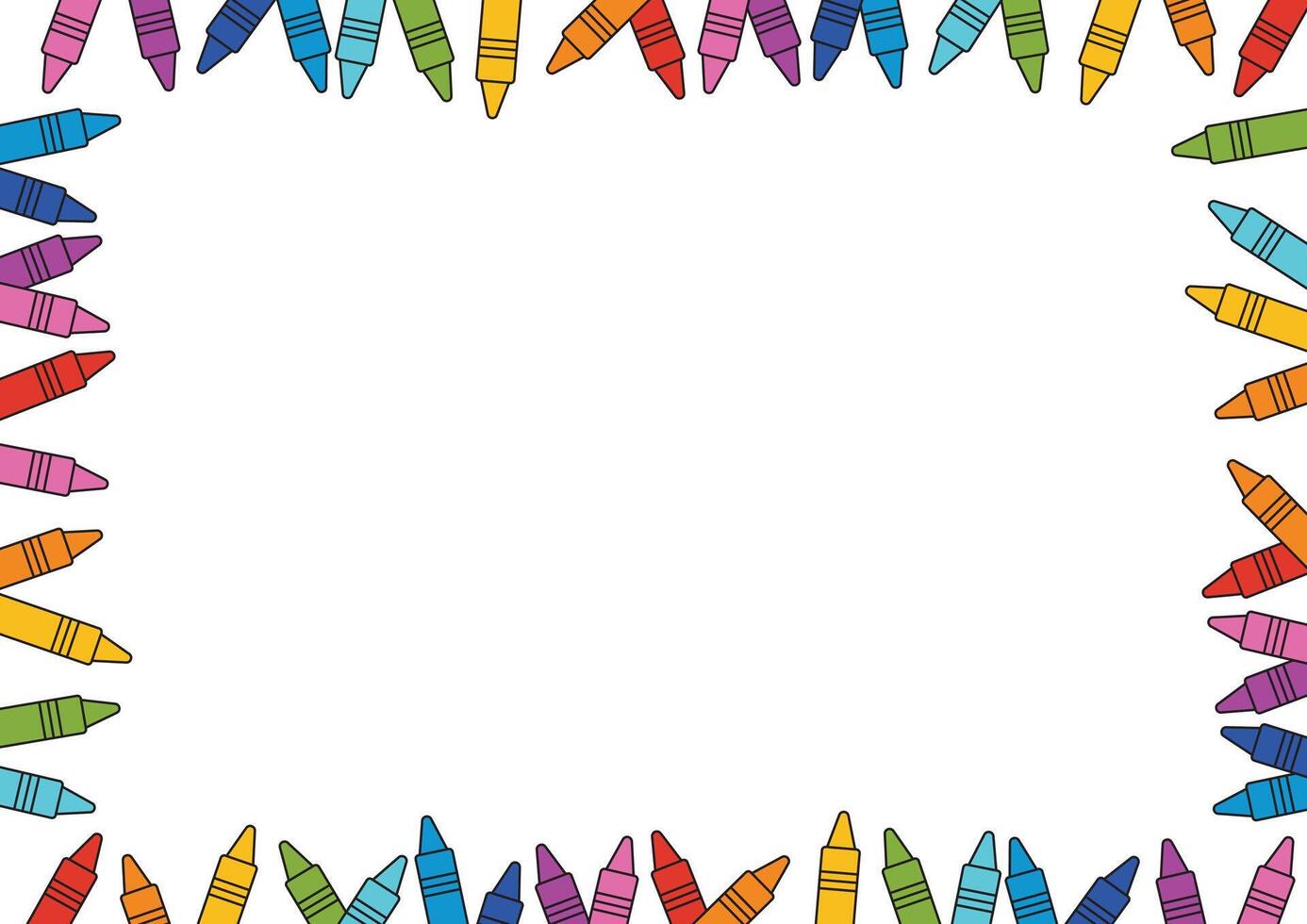 Colorful crayons Frame border on White Background, back to school ,Crayons colorful , illustration. vector