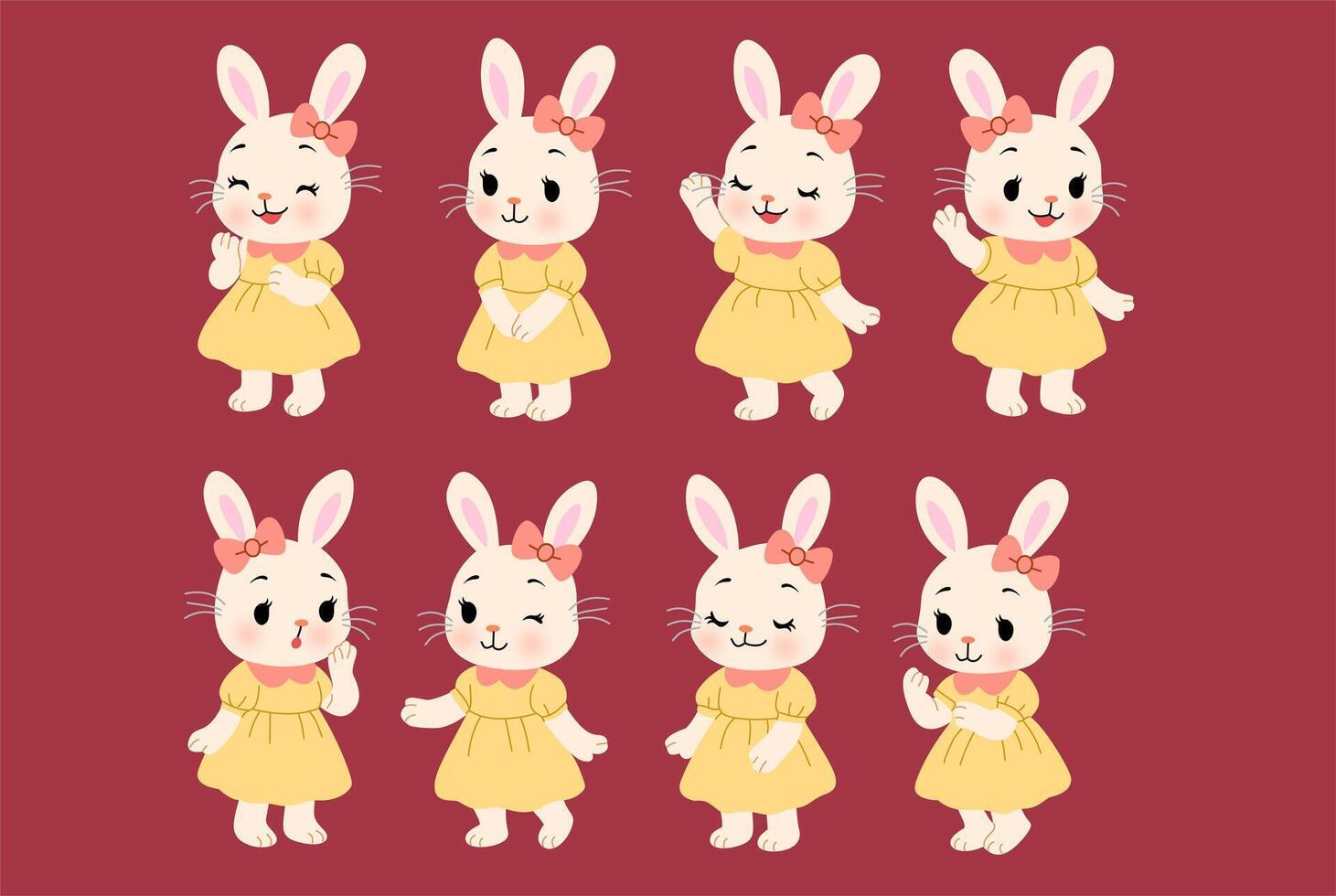 Adorable Bunnies in Yellow Dresses with Pink Bows vector