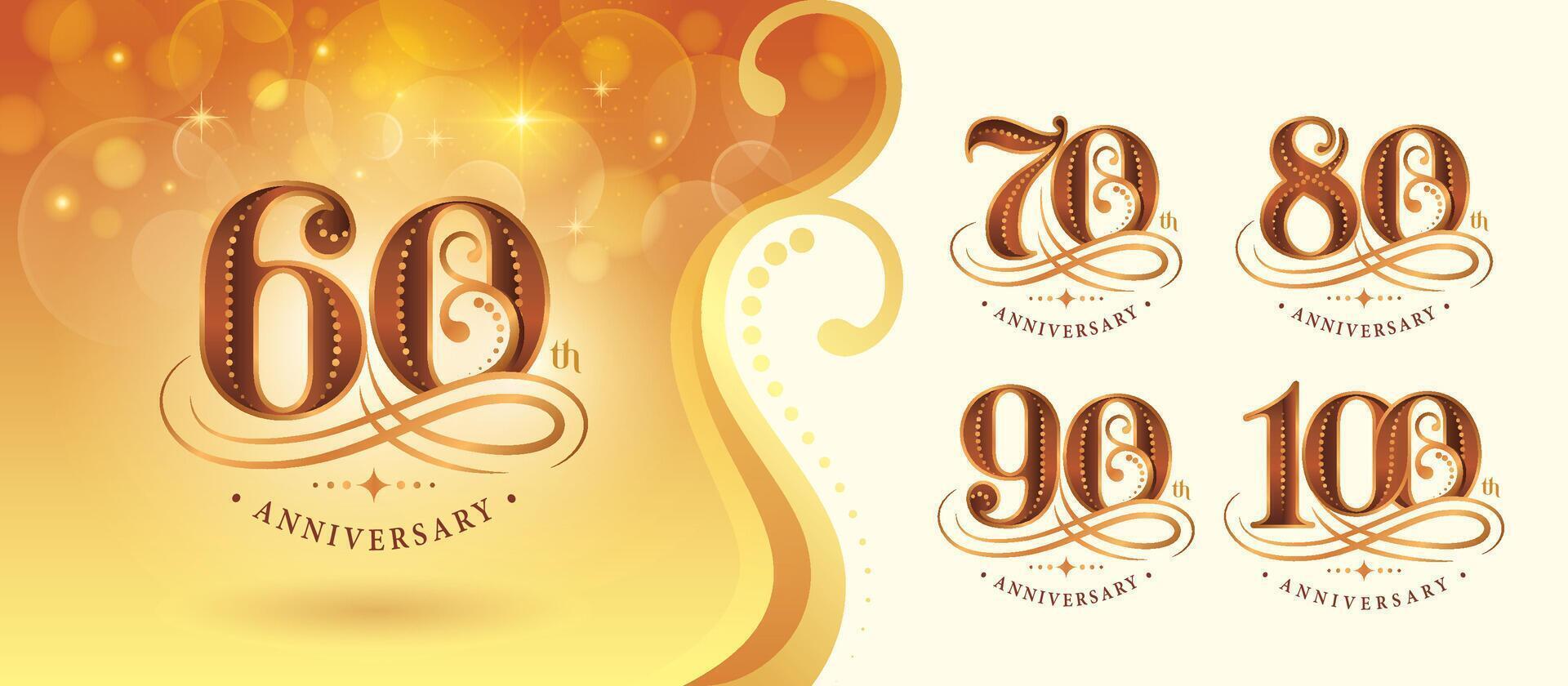 Set of 60 to 100 years Anniversary logo design, Sixty to Hundred years Celebrating Anniversary Logo, Gold curved lines dots Elegant Classic Logo, 60,70,80,90,100 vector