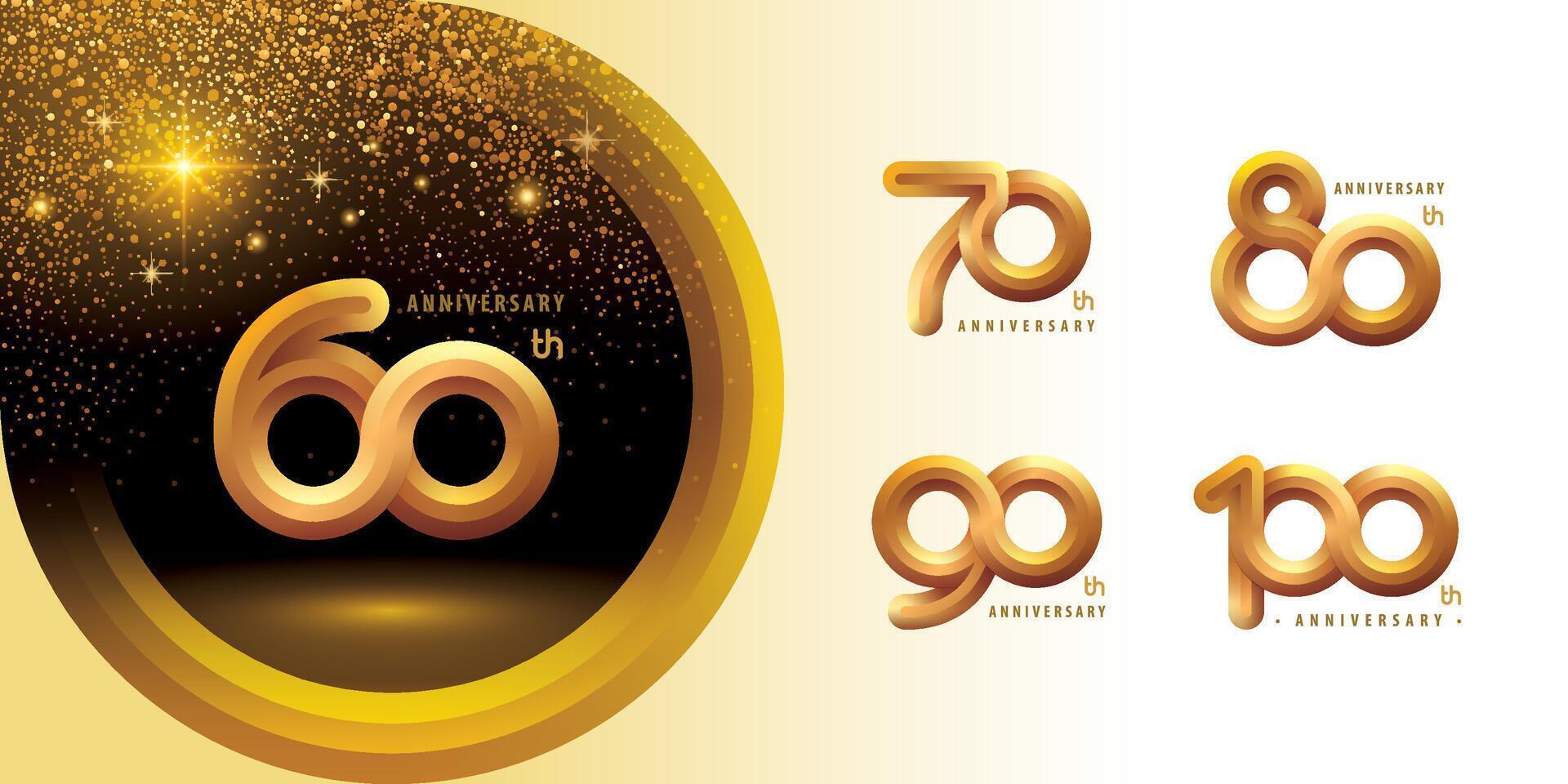 Set of 60 to 100 years Anniversary logo design, Celebrating Logo. Abstract Infinity Round Embossed number 60, 70, 80, 90, 100 Infinity loop logo, Gold Infinity multiple Rounded bulge vector
