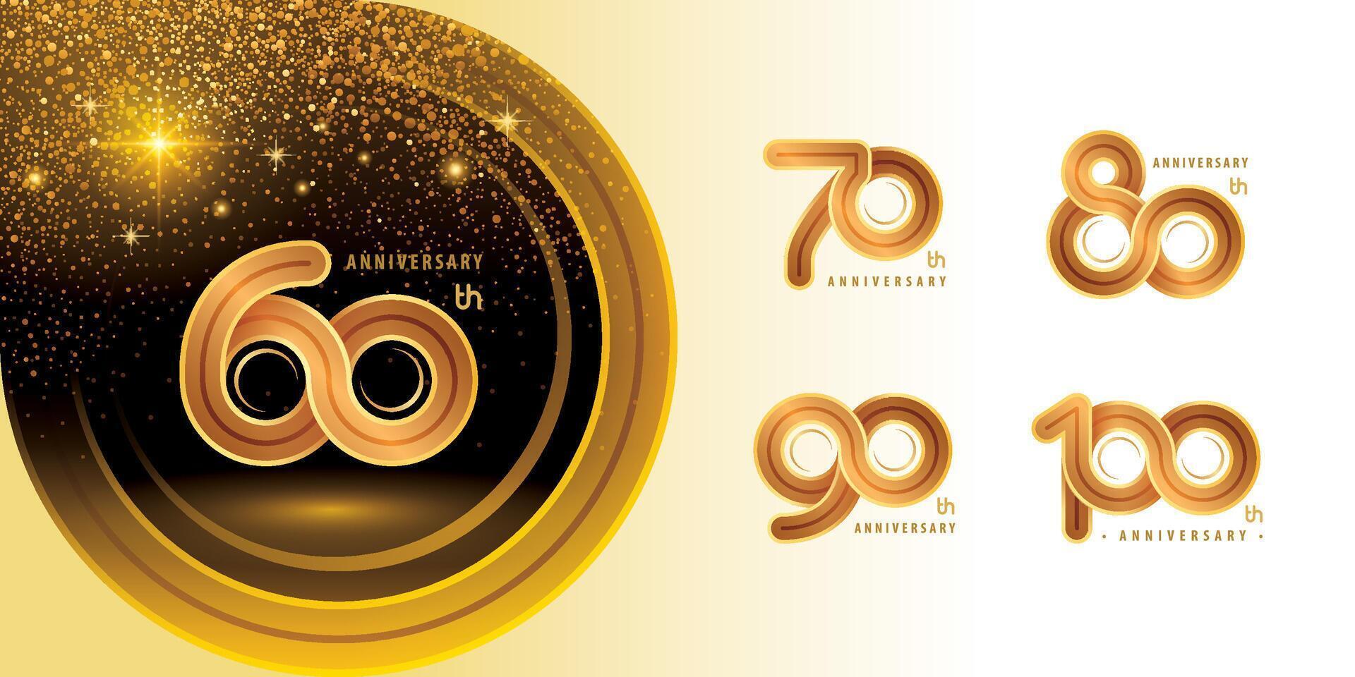 Set of 60 to 100 years Anniversary logo design, Celebrating Logo. Abstract Infinity Rounded Inline number 60, 70, 80, 90, 100 year Infinity loop logo, Gold Infinity multiple Round line vector