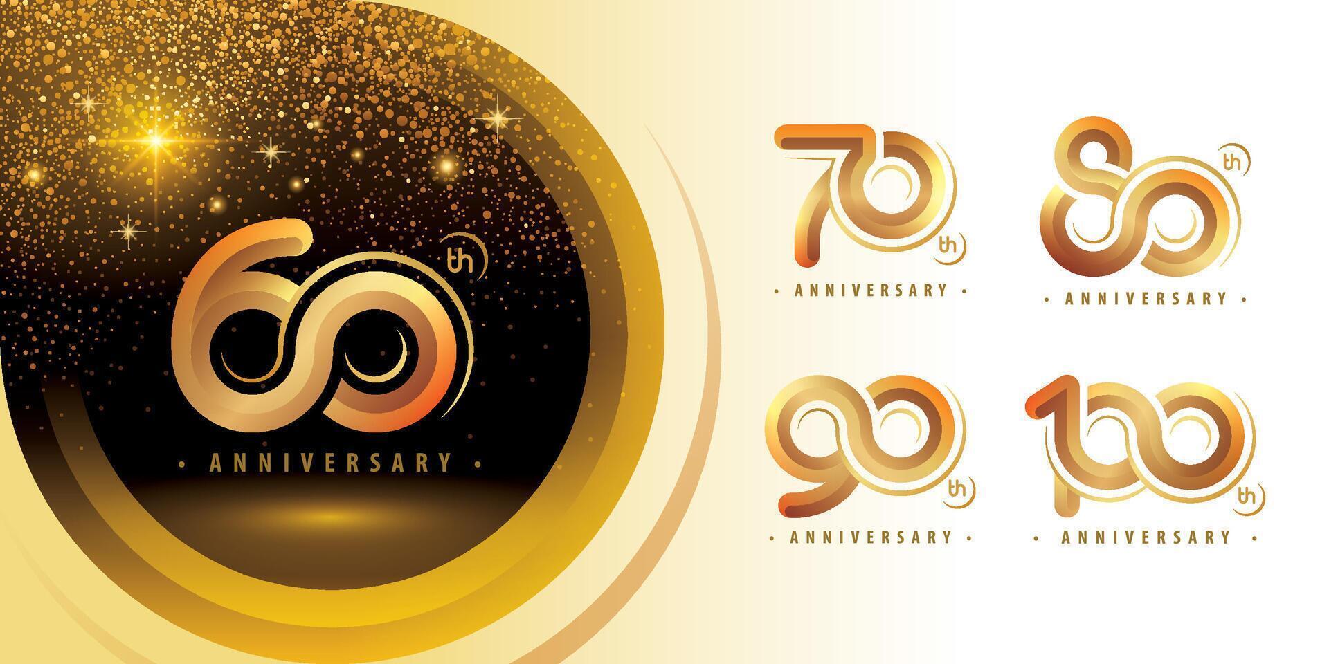 Set of 60 to 100 years Anniversary logo design, Celebrating Logo. Abstract Infinity Round curved line number 60, 70, 80, 90, 100 year Infinity loop logo, Gold Infinity multiple Rounded line vector