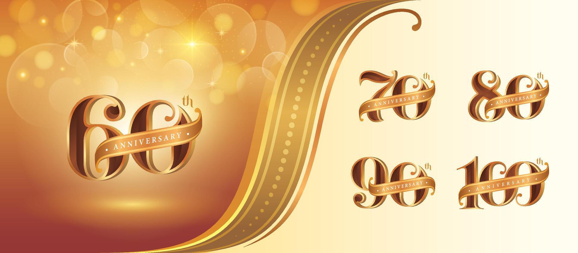 Set of 60 to 100 years Anniversary logo design, Sixty to Hundred years Celebrating Anniversary Logo, Red Gold curved Ribbon Elegant Classic Logo, 60,70,80,90,100 vector