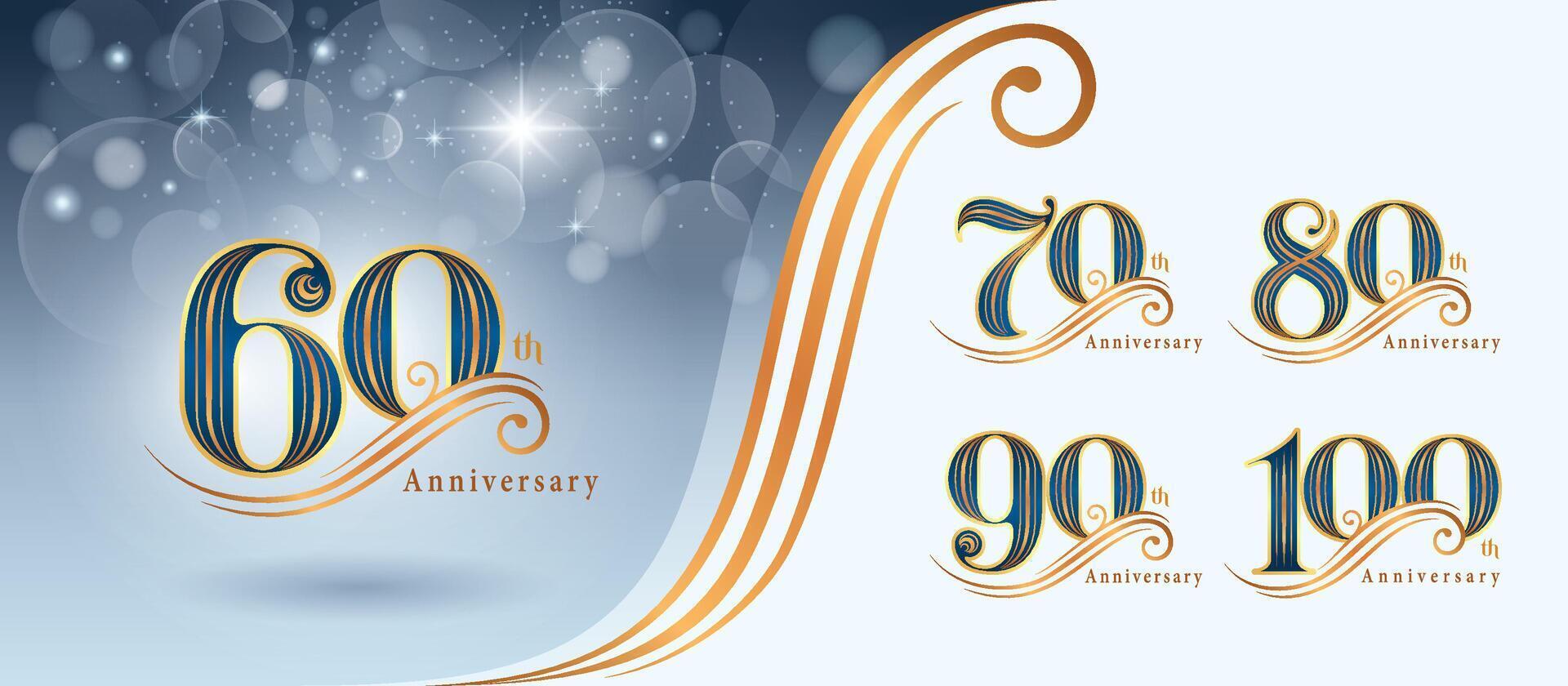 Set of 60 to 100 years Anniversary logo design, Sixty to Hundred years Celebrating Anniversary Logo, Gold curved lines Elegant Classic Logo, 60,70,80,90,100 vector