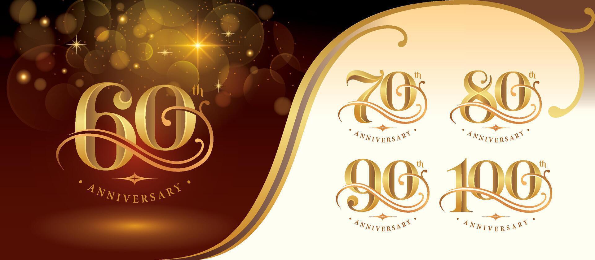 Set of 60 to 100 years Anniversary logo design, Sixty to Hundred years Celebrating Anniversary Logo, Goldden curved lines Elegant Classic Logo, 60,70,80,90,100 vector