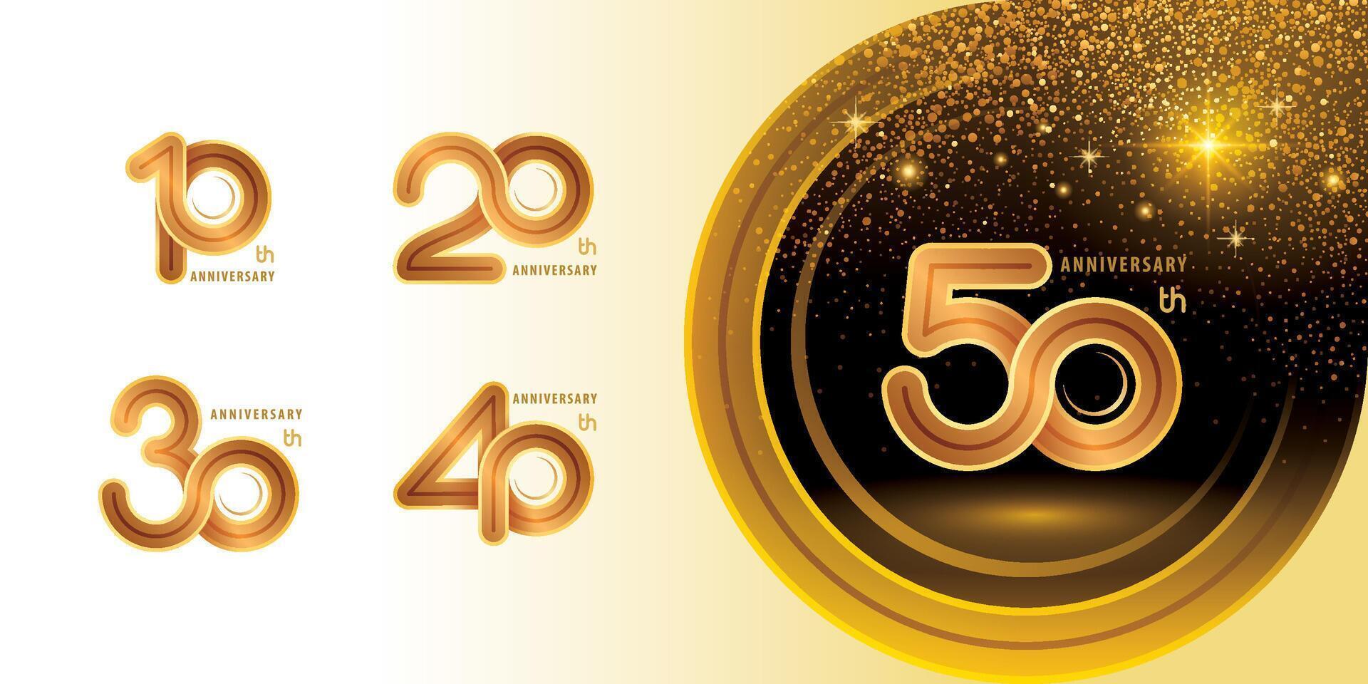 Set of 10 to 50 years Anniversary logo design, Celebrating Logo. Abstract Infinity Rounded Inline number 10, 20, 30 ,40, 50 year Infinity loop logo, Gold Infinity multiple Round line vector
