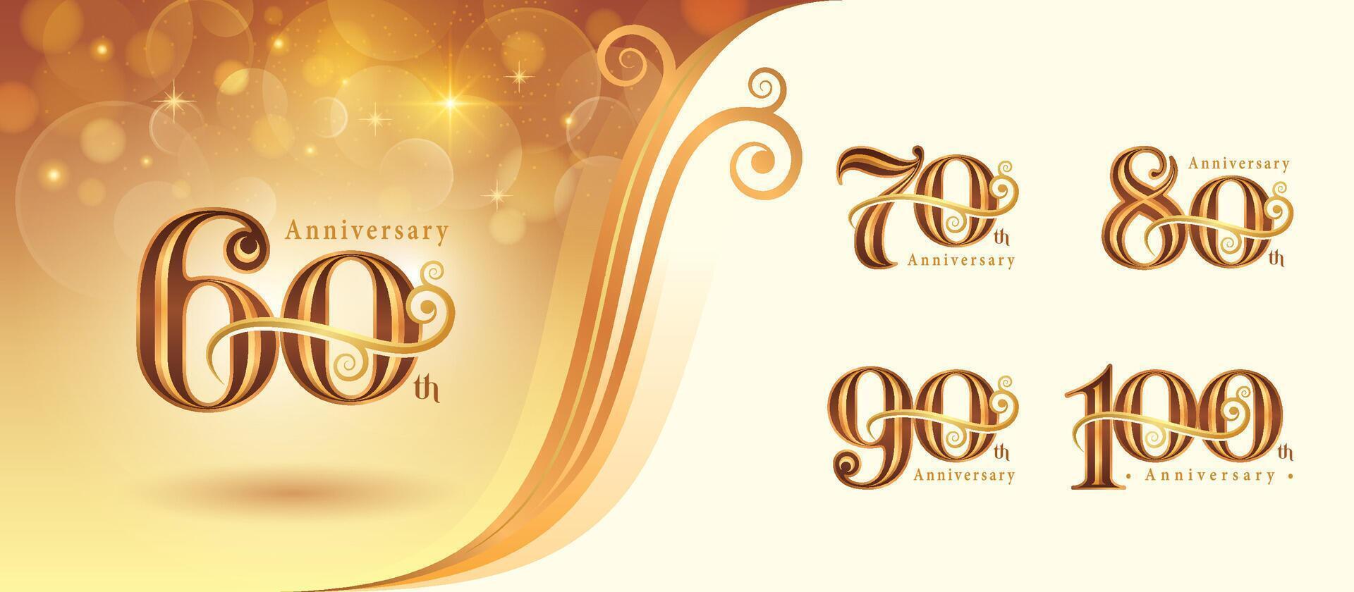 Set of 60 to 100 years Anniversary logo design, Sixty to Hundred years Celebrating Anniversary Logo, Gold curved roll lines Elegant Classic Logo, 60,70,80,90,100 vector