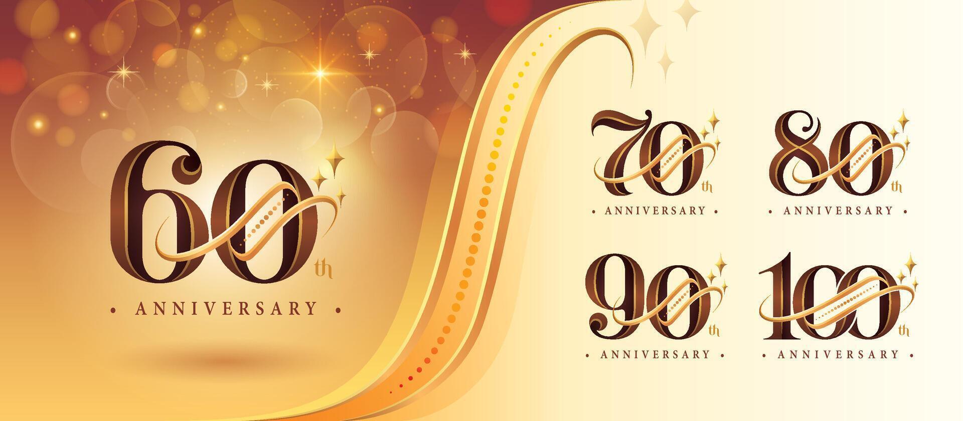 Set of 60 to 100 years Anniversary logo design, Sixty to Hundred years Celebrating Anniversary Logo, Gold curved lines Star Elegant Classic Logo, 60,70,80,90,100 vector