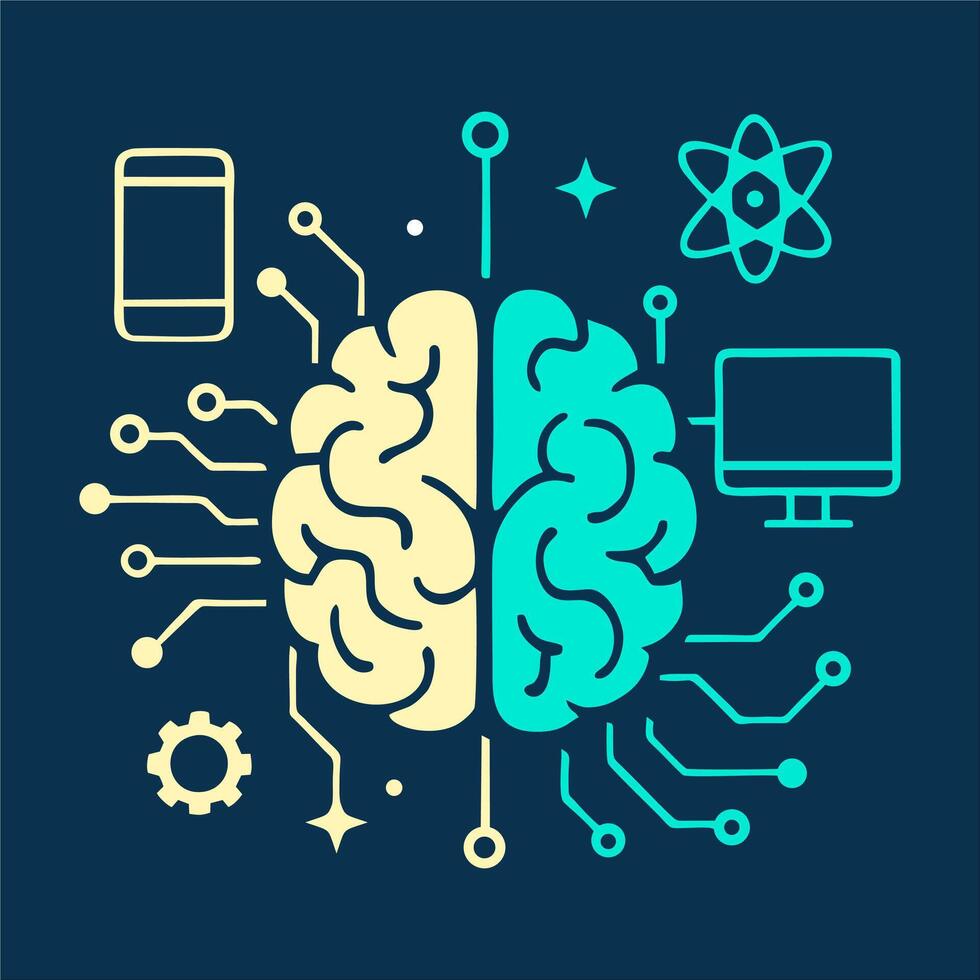 Futuristic Brain and Technology Integration. AI, Innovation, and Neural Network Concept. illustration of a human brain integrated with futuristic technology elements vector