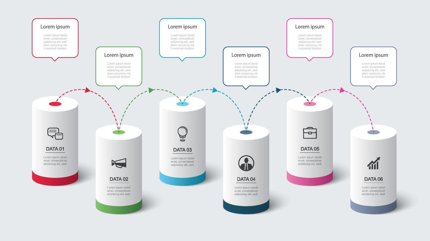 Infographics cylinder timeline with 6 number data template. Illustration business abstract background. vector
