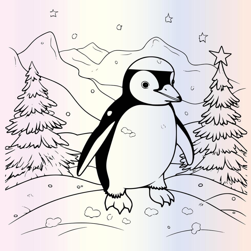 Penguin in the snow coloring page vector