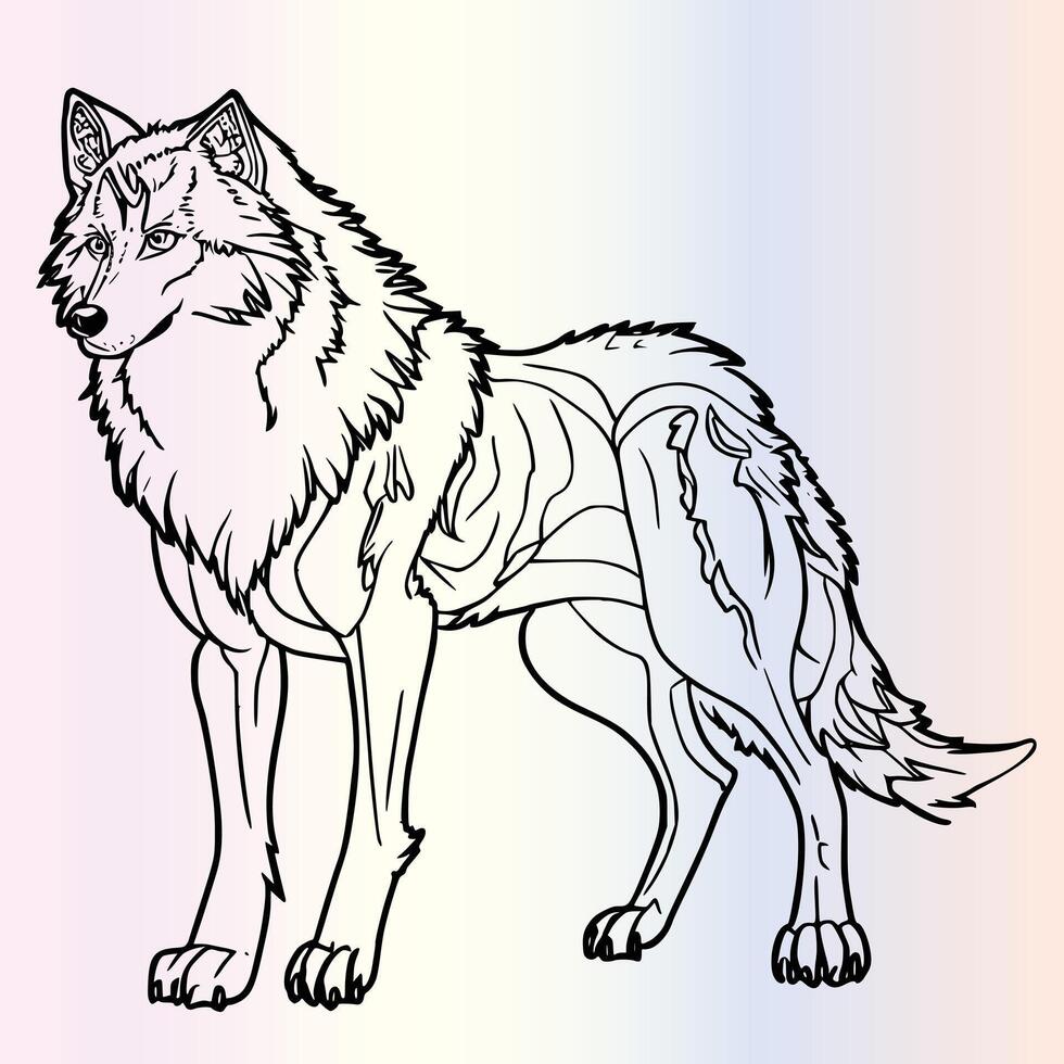 A wolf coloring page with a rainbow background vector