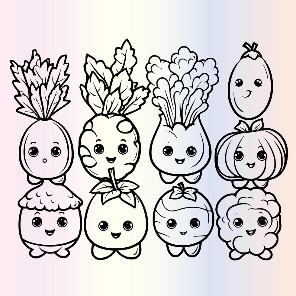 A coloring page with cartoon vegetables vector